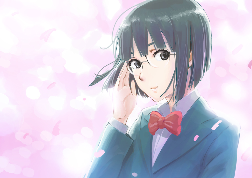 isshiki tarou, sonohara anri, durarara!!, bad id, bad pixiv id, 1girl, black eyes, black hair, bob cut, cherry blossoms, female focus, glasses, petals, school uniform, short hair, solo