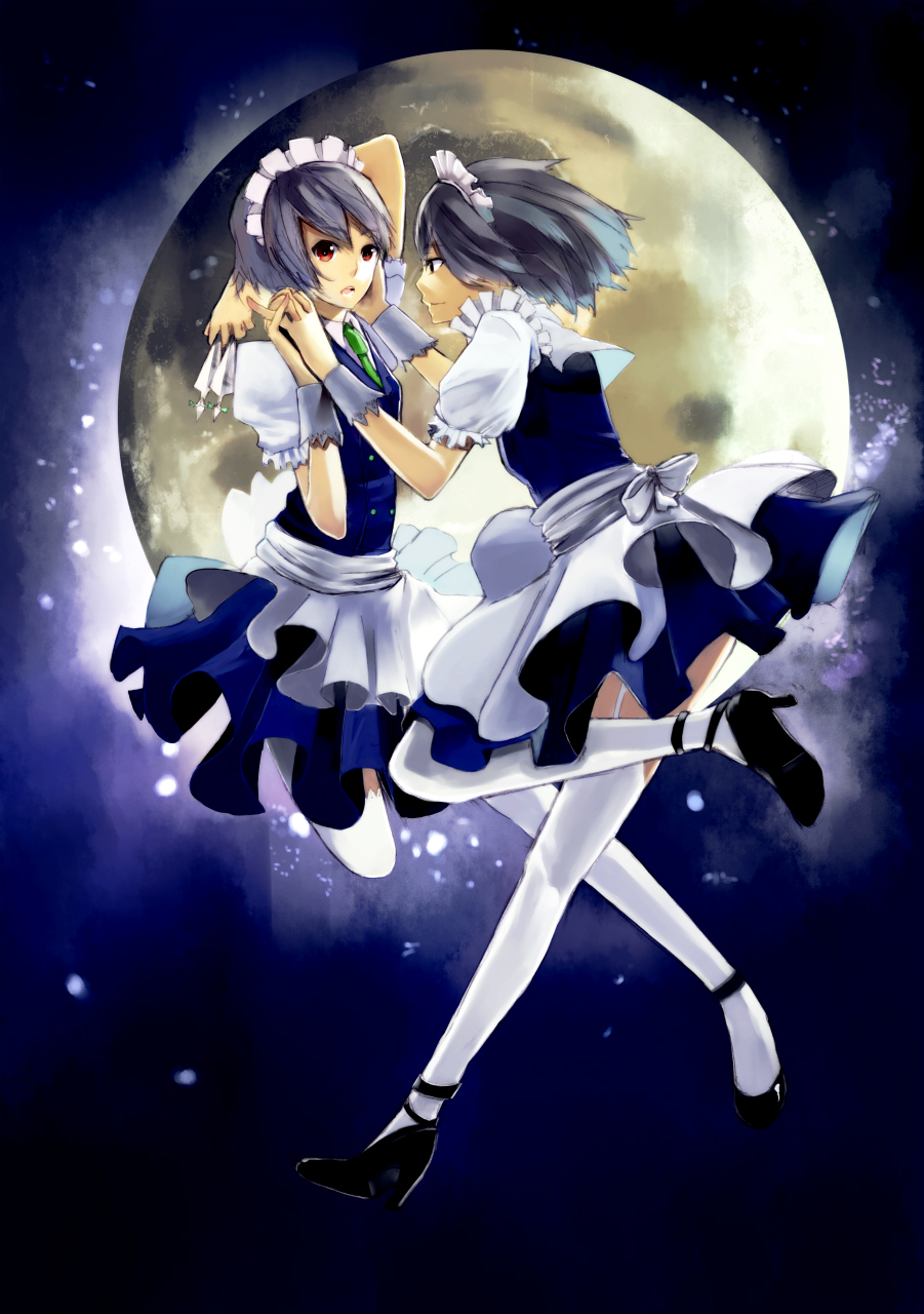 ichiko oharu, izayoi sakuya, embodiment of scarlet devil, touhou, silver hair, white legwear, bad id, bad pixiv id, highres, 2girls, dual persona, female focus, full moon, hand on another's face, high heels, holding hands, interlocked fingers, kunai, maid, maid headdress, moon, multiple girls, red eyes, ribbon, shoes, short hair, thighhighs, time paradox, weapon