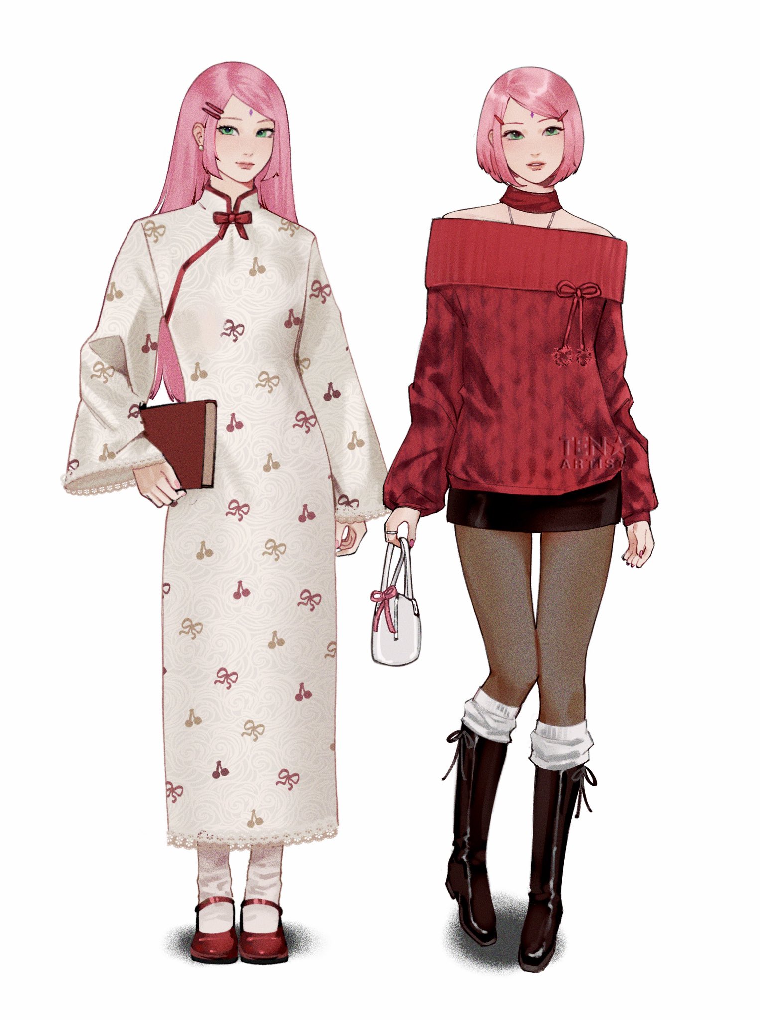 tenartistt, haruno sakura, naruto (series), silver ring, commentary, highres, symbol-only commentary, 1girl, arm at side, artist logo, bag, bag ribbon, black boots, black pantyhose, black skirt, bob cut, book, boots, bow, bowtie, cherry print, china dress, chinese clothes, collar, detached collar, dress, earrings, facial mark, fashion, film grain, food print, forehead mark, fruit print, full body, green eyes, hair ornament, hairclip, handbag, holding, holding bag, holding book, jewelry, knee boots, kneehighs, knees together feet apart, lace, lace-trimmed dress, lace trim, light smile, logo, long dress, long hair, long sleeves, looking ahead, mary janes, miniskirt, multiple views, nail polish, necklace, off-shoulder sweater, off shoulder, oversized sweater, pantyhose, parallel hairclips, parted lips, pearl earrings, pink hair, pink nails, pink ribbon, print dress, red bow, red bowtie, red collar, red shoes, red sweater, red trim, ribbon, ribbon print, shadow, shoes, short hair, sidelocks, skirt, socks, socks over pantyhose, standing, straight hair, sweater, swept bangs, untucked, watermark, white background, white bag, white dress, white socks, wide sleeves