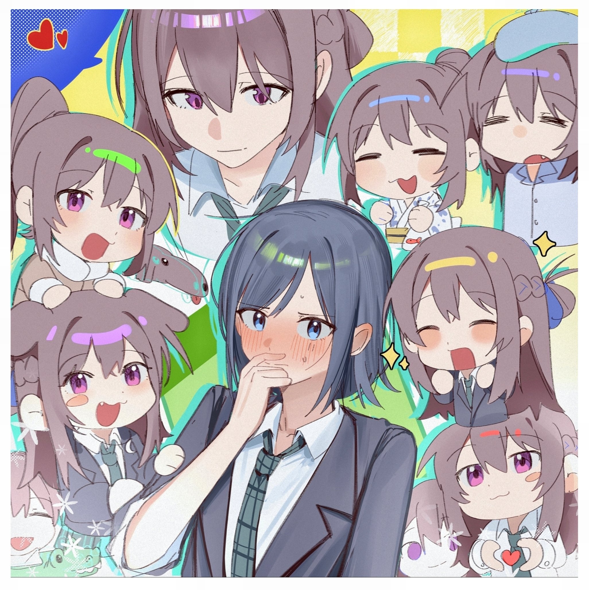 haidao mao, miyagi shiori, sendai hazuki, shuuniichido classmate wo kau hanashi, commentary, hashtag-only commentary, highres, 2girls, :3, = =, animal ears, blue eyes, blue hair, blush, brown hair, brown jacket, chibi, closed eyes, closed mouth, dog ears, dog girl, embarrassed, fang, fish, goldfish, grey jacket, heart, heart hands, heart in heart hands, jacket, japanese clothes, kemonomimi mode, kimono, long hair, multiple girls, multiple views, necktie, open mouth, ponytail, purple eyes, school uniform, short hair, white kimono, yuri