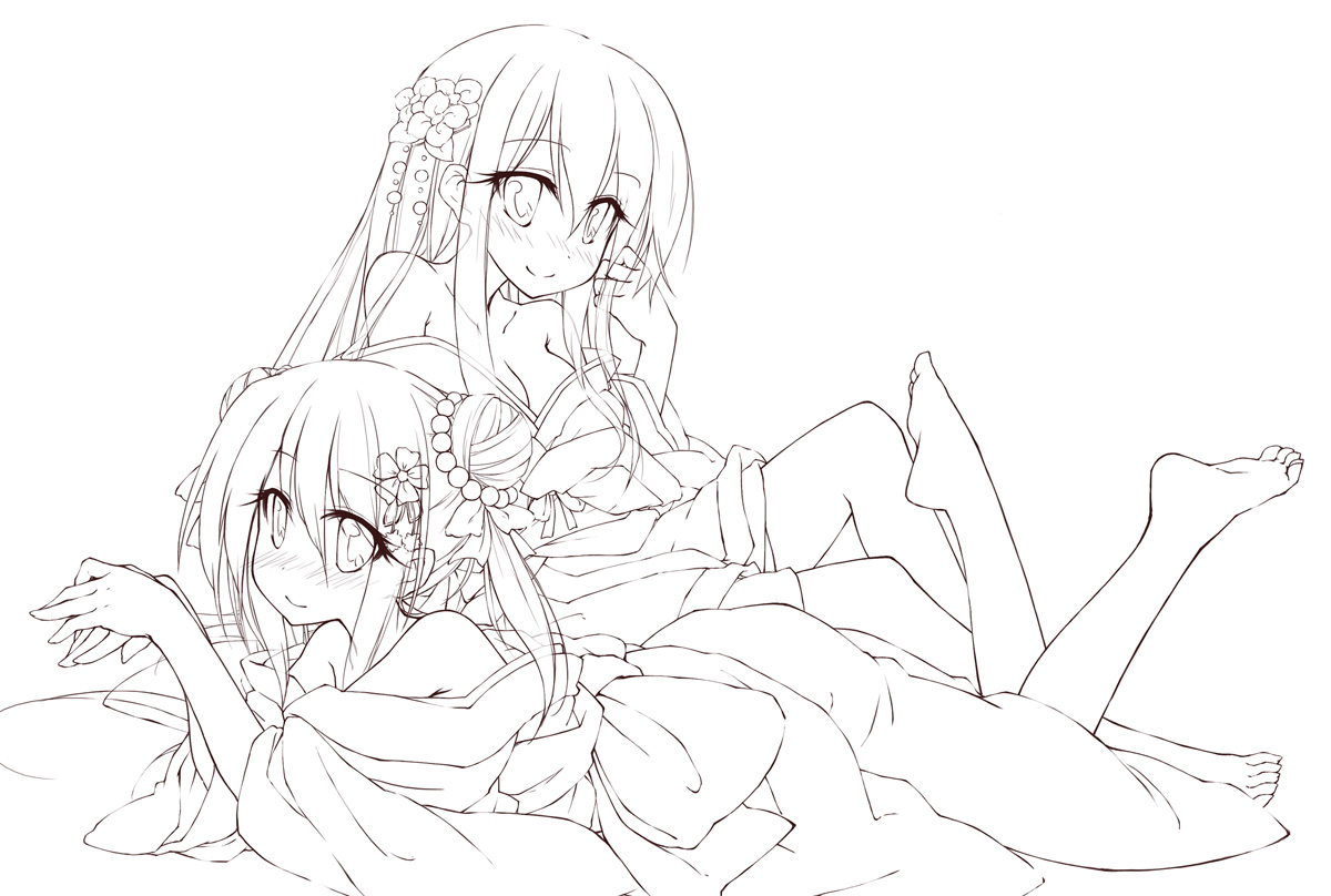 yukitarou (awamori), 2girls, adjusting hair, bare shoulders, barefoot, blush, breasts, cleavage, feet, flower, greyscale, hair flower, hair ornament, japanese clothes, kimono, long hair, looking at viewer, lying, monochrome, multiple girls, off shoulder, on stomach, sitting, smile
