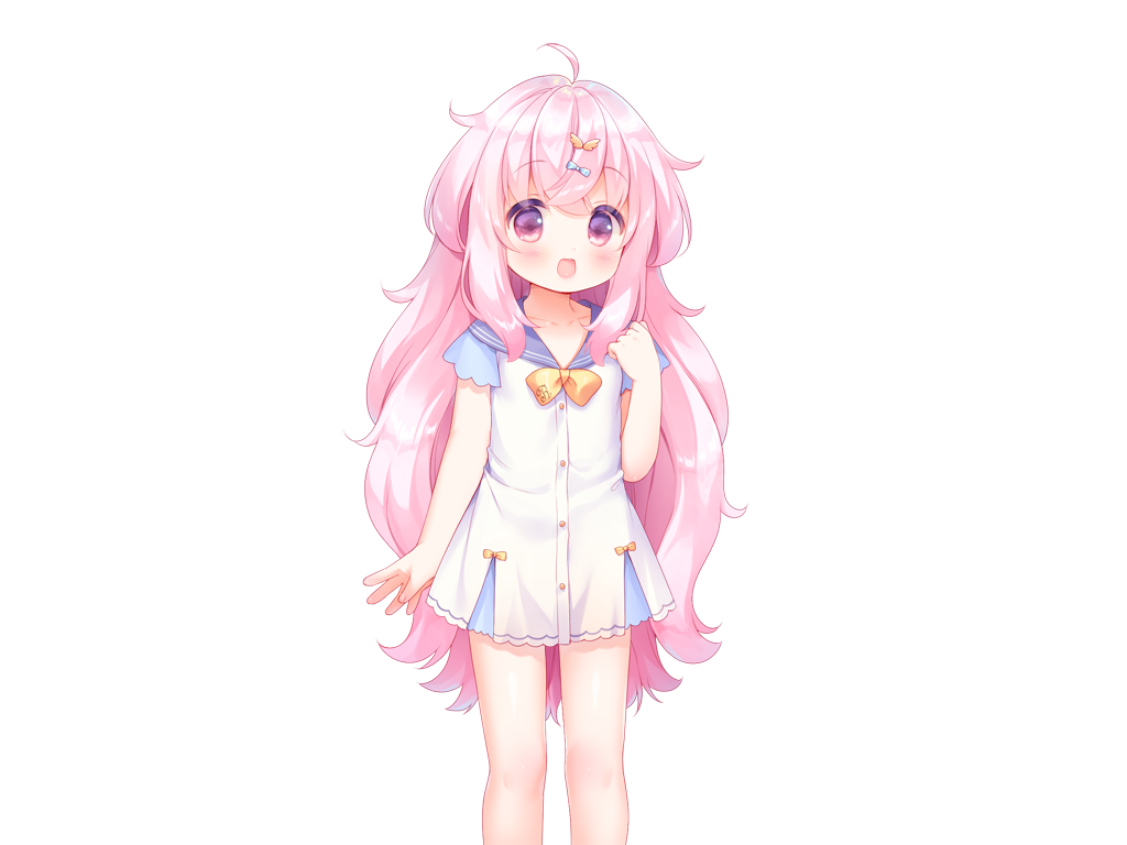 usashiro mani, tomari (harem futago lolita), harem futago lolita, game cg, large variant set, non-web source, variant set, 1girl, :d, ahoge, blue sailor collar, blue sleeves, blush, bow, bowtie, buttons, crossed bangs, dot nose, dress, feet out of frame, hand up, long hair, open mouth, pink eyes, pink hair, sailor collar, sailor dress, short dress, short sleeves, simple background, smile, solo, standing, tachi-e, transparent background, white dress, yellow bow, yellow bowtie