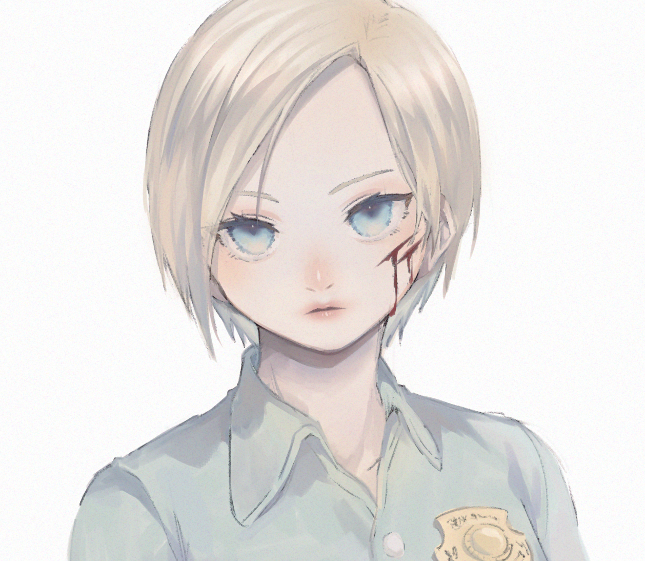 collair (cono), cybil bennett, konami, silent hill (movie), silent hill (series), silent hill 1, commentary request, partial commentary, 1girl, 2021, blonde hair, blood, blood on face, blue eyes, blue shirt, forehead, police, police badge, police uniform, portrait, shirt, simple background, white background
