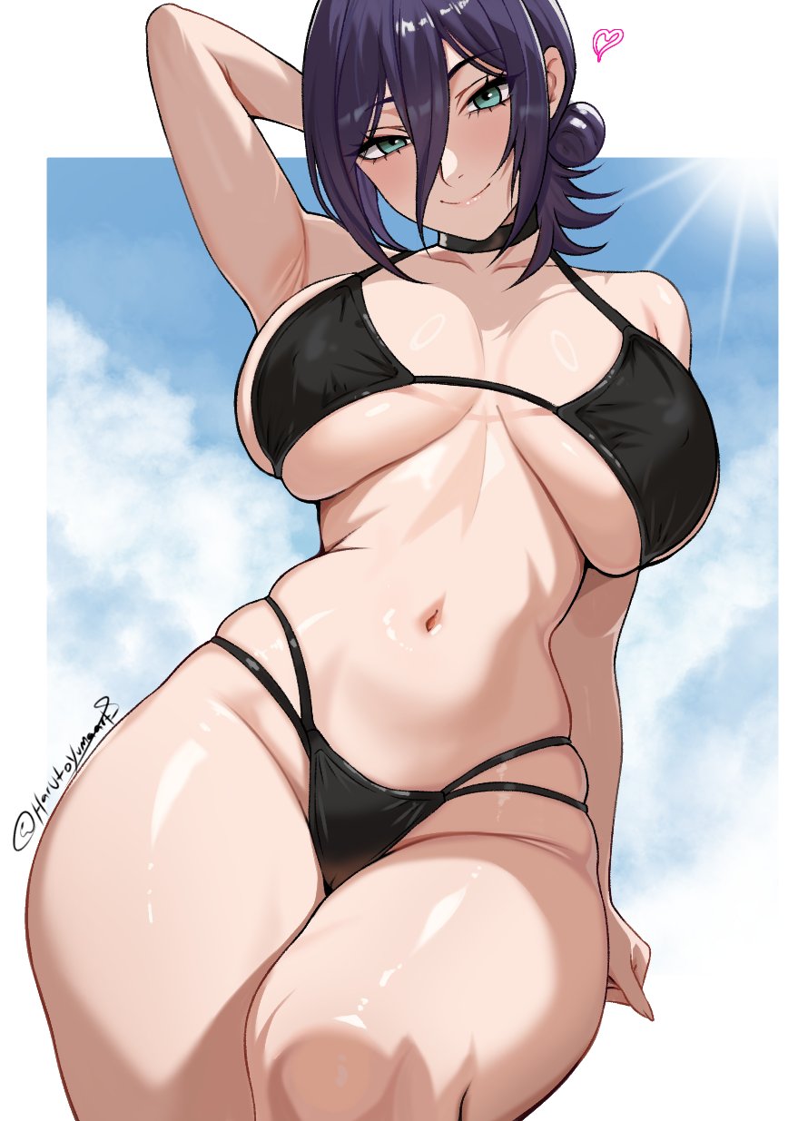 harutoyumaarts, reze (chainsaw man), chainsaw man, commentary request, highres, 1girl, alternate breast size (larger), armpits, bikini, black bikini, black choker, blue sky, breasts, breasts apart, choker, curvy, green eyes, heart, large breasts, looking at viewer, navel, purple hair, sky, solo, stomach, swimsuit, thighs