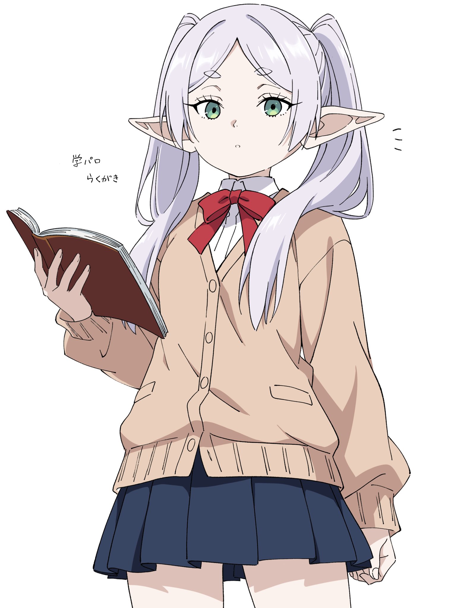 niyane, frieren, sousou no frieren, highres, translation request, 1girl, blue skirt, book, bow, bowtie, brown cardigan, buttons, cardigan, collared shirt, cowboy shot, elf, green eyes, grey hair, holding, holding book, long hair, long sleeves, looking at viewer, miniskirt, open book, parted bangs, parted lips, pleated skirt, pointy ears, red bow, red bowtie, school uniform, shirt, sidelocks, simple background, skirt, solo, thick eyebrows, twintails, white background, white shirt