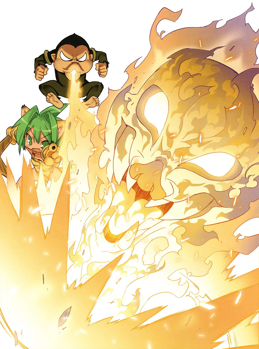 blade (galaxist), cham cham, paku paku, queen's blade, queen's gate, samurai spirits, snk, highres, 1girl, animal ears, animal hands, animal print, boomerang, cat ears, fire, gloves, green eyes, green hair, long hair, monkey, paw gloves, pointing, simple background, tiger print, white background