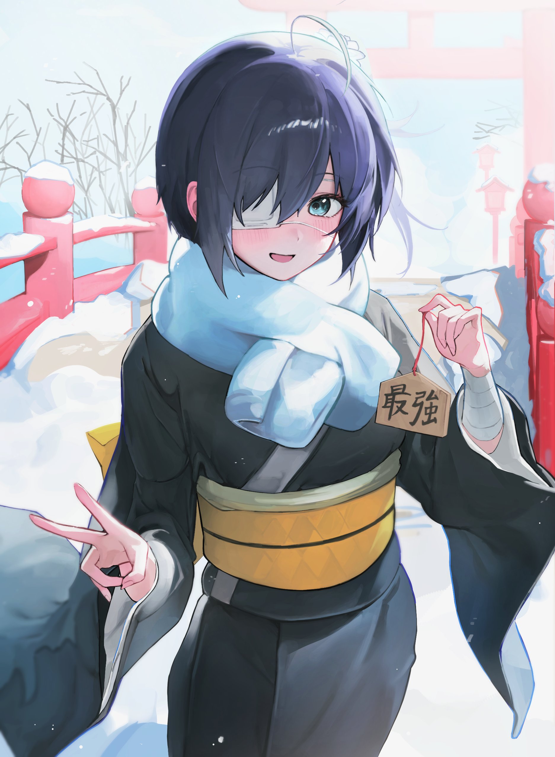 gunu (nyzn3223), takanashi rikka, chuunibyou demo koi ga shitai!, absurdres, highres, 1girl, :d, ahoge, bandaged arm, bandages, black hair, black kimono, eyepatch, green eyes, holding, japanese clothes, kimono, looking at viewer, medical eyepatch, obi, open mouth, sash, short hair, smile, snow, solo, v, winter