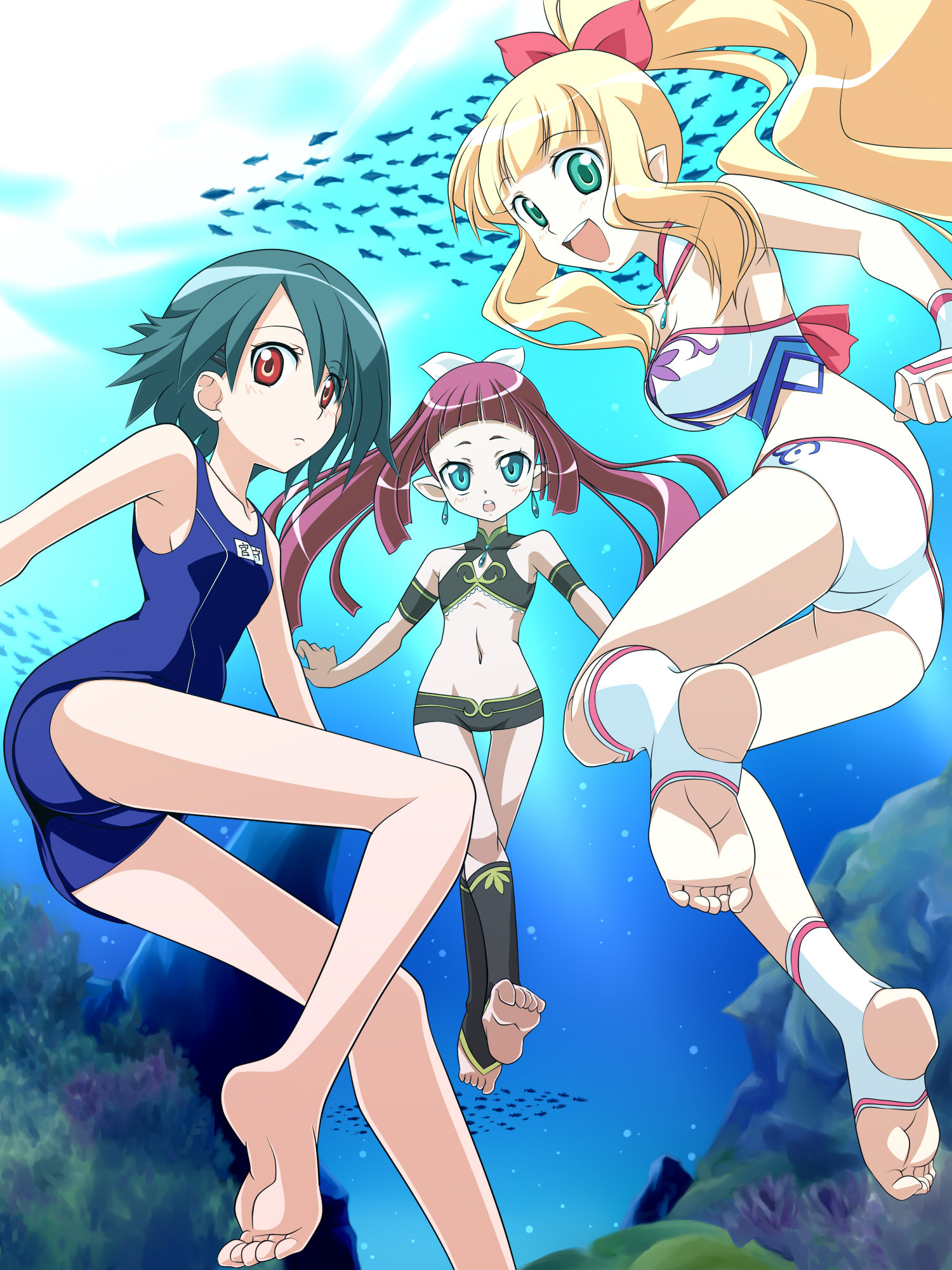 marin (marine-sky-earth), santoo takeshi, marin (umi monogatari), miyamori kanon, urin (umi monogatari), umi monogatari, highres, 00s, 3girls, aqua hair, armband, artistic error, ass, asymmetrical hair, barefoot, bikini, blonde hair, blue eyes, breasts, bridal gauntlets, choker, cleavage cutout, clothing cutout, earrings, feet, fish, flat chest, green eyes, hair ribbon, jewelry, kneehighs, legs, long hair, looking back, lowleg, lowleg bikini, medium breasts, multiple girls, navel, no shoes, one-piece swimsuit, open mouth, pointy ears, ponytail, purple hair, red eyes, ribbon, school swimsuit, short hair, small breasts, socks, soles, stirrup legwear, swimsuit, thigh gap, toeless legwear, toes, twintails, underboob, underwater, water