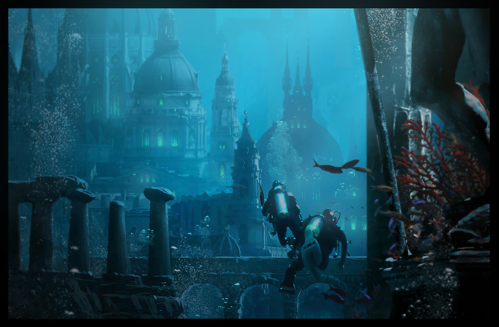 raphael-lacoste, original, commentary, english commentary, highres, 2others, air bubble, arch, blue theme, bridge, bubble, building, coral, diving suit, fish, from behind, multiple others, painterly, pillar, scenery, tower, town, underwater, water, window