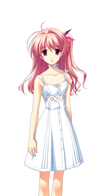 matsuo yukihiro, sakihata rimi, chaos;head, science adventure, game cg, non-web source, official art, 1girl, antenna hair, bow, bow choker, breasts, choker, choket, dress, empty eyes, lace, lace-trimmed dress, lace trim, looking at viewer, one side up, open mouth, pink eyes, pink hair, ribbon choker, small breasts, solo, sprite, sundress, transparent background, white choker, white dress