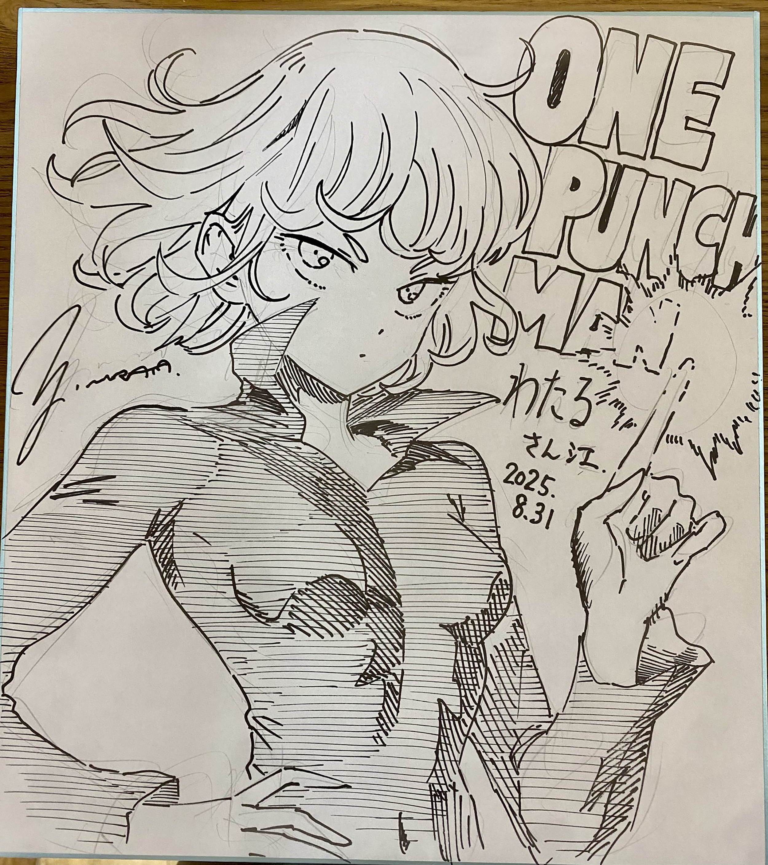 murata yuusuke, tatsumaki, one-punch man, absurdres, commentary request, highres, official art, photo (medium), 1girl, black dress, breasts, curly hair, dress, greyscale, medium hair, monochrome, short hair, simple background, small breasts, solo, solo focus, white background