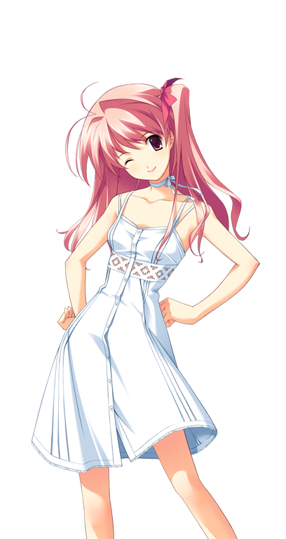 matsuo yukihiro, sakihata rimi, chaos;head, science adventure, game cg, non-web source, official art, 1girl, antenna hair, bow, bow choker, breasts, choker, choket, dress, hand on own hip, head tilt, lace, lace-trimmed dress, lace trim, looking at viewer, one eye closed, one side up, pink eyes, pink hair, ribbon choker, small breasts, smile, solo, sprite, sundress, transparent background, white choker, white dress