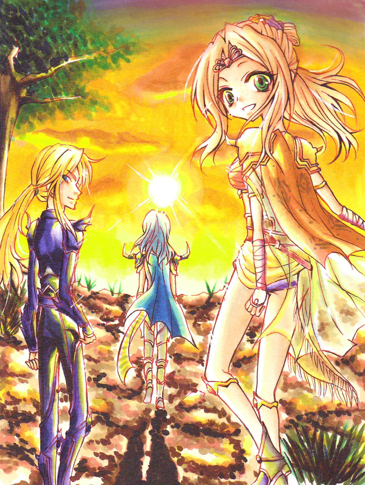 kikuzuki akira, cain highwind, cecil harvey, rosa farrell, final fantasy, final fantasy iv, silver hair, highres, 1990s (style), 1girl, 2boys, armor, blonde hair, blue eyes, cape, green eyes, hair ornament, long hair, looking back, multiple boys, ponytail, shoulder pads, sun, tiara, tree