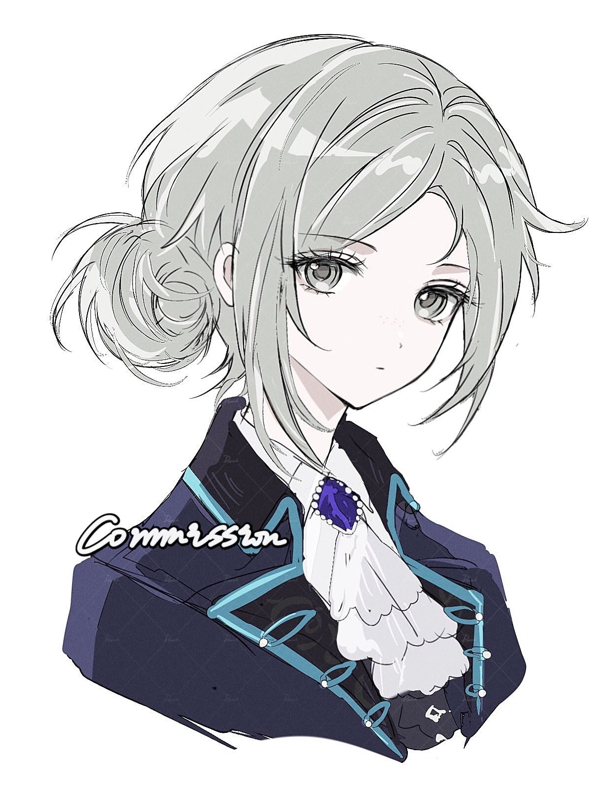 vertin (reverse:1999), reverse:1999, blue gem, chinese commentary, commentary request, commission, highres, 1girl, ascot, blue coat, coat, collared coat, collared shirt, cropped shoulders, expressionless, gem, grey eyes, grey hair, hair bun, lapels, looking at viewer, no headwear, parted bangs, shirt, sidelocks, simple background, single side bun, solo, white background, yuexing shengbo