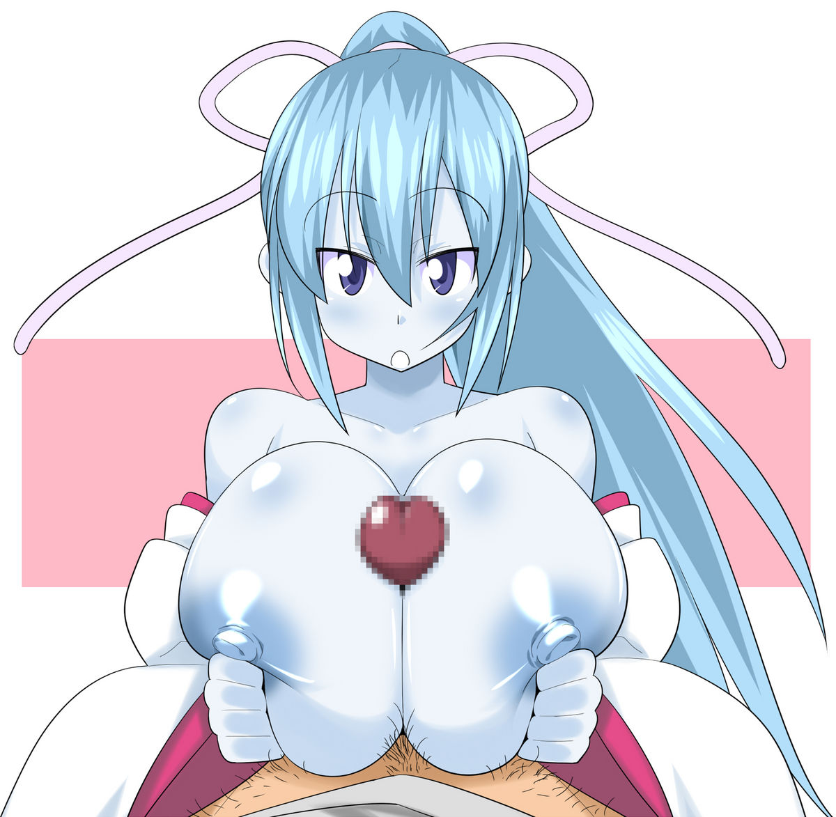 makarou, aoi (gegege no kitarou), gegege no kitarou, toei company, 1girl, blue skin, blush, breasts, breasts out, breasts squeezed together, censored, colored skin, grabbing another's breast, groping, japanese clothes, large breasts, paizuri, penis, pov, yuki onna