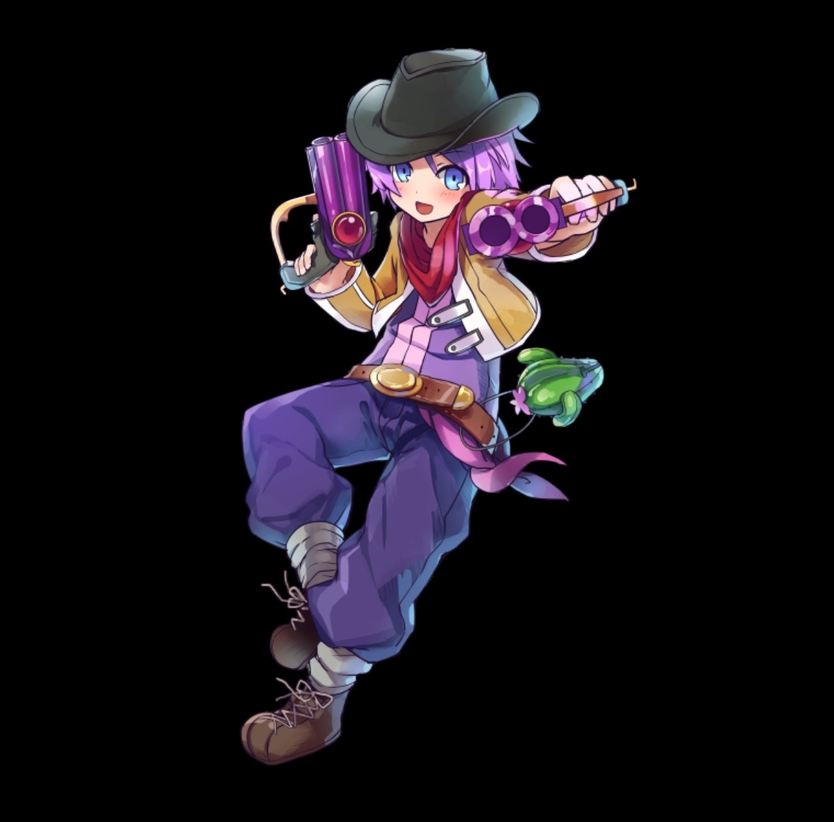 merc storia art team, merc storia, highres, official art, 1boy, aiming, aiming at viewer, belt, black background, black hat, blue eyes, blush, boots, brown belt, brown jacket, cactus, cowboy hat, cropped jacket, dual wielding, fini (merc storia), full body, grey boots, grey socks, gun, hair between eyes, handgun, hat, holding, holding gun, holding weapon, jacket, long sleeves, looking at viewer, open mouth, pants, pink hair, purple pants, purple shirt, red scarf, sash, scarf, shirt, short hair, simple background, smile, socks, solo, standing, standing on one leg, tachi-e, weapon