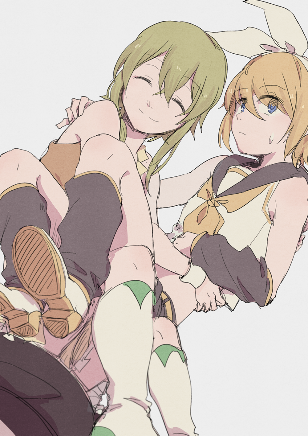 wounds404, gumi, kagamine rin, vocaloid, commentary request, highres, 2girls, arm warmers, arms around waist, black arm warmers, black sailor collar, black shorts, blonde hair, blue eyes, boots, bow, closed eyes, closed mouth, cropped shirt, detached sleeves, green hair, hair bow, hairband, looking at watch, medium hair, multiple girls, sailor collar, shirt, shoes, short hair, shorts, sidelocks, simple background, sitting, sitting on lap, sitting on person, sleeveless, sleeveless shirt, smile, split mouth, sweatdrop, white background, white boots, white bow, white hairband, white shirt, white shoes