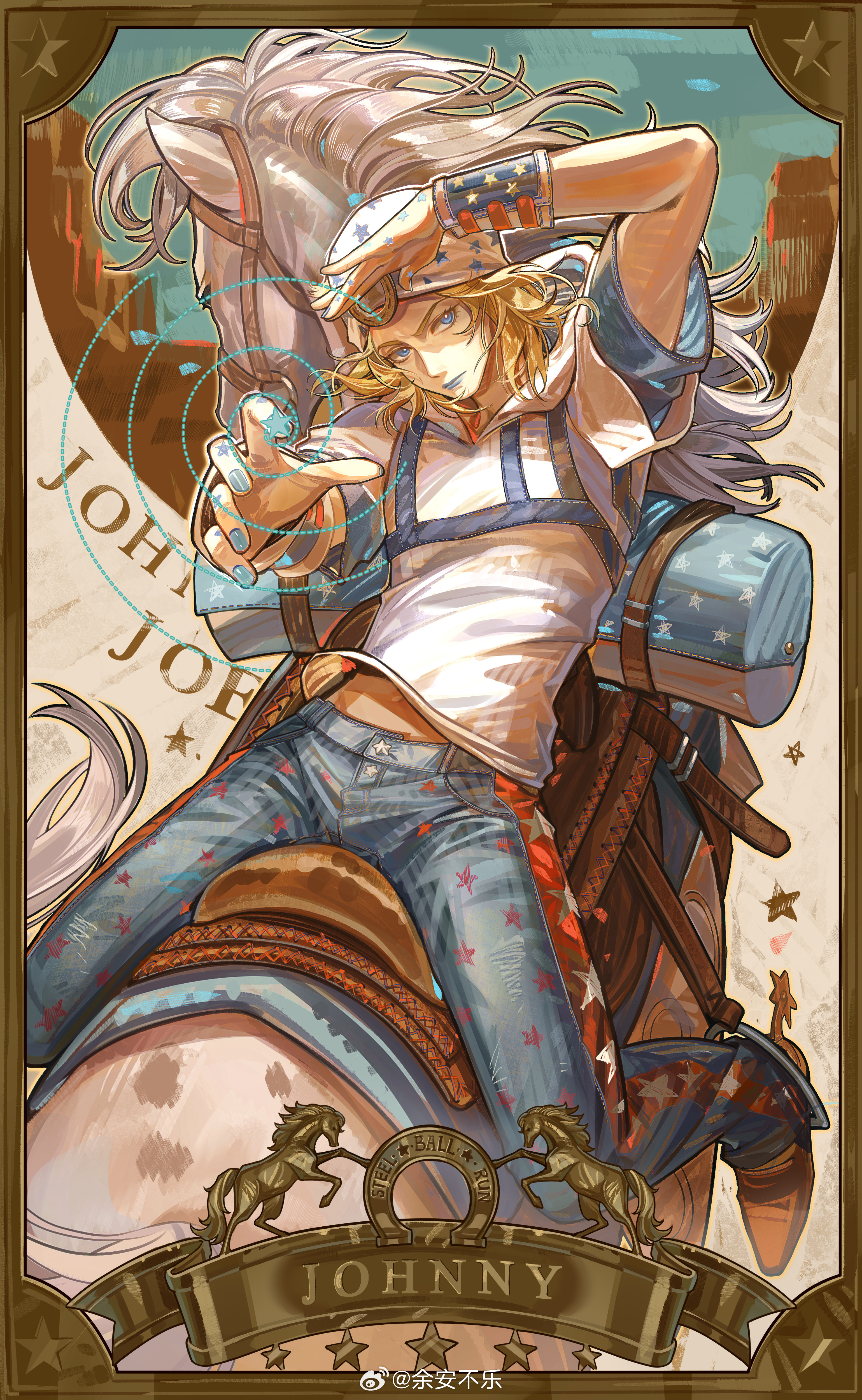 yu anle bu le, johnny joestar, slow dancer (jojo), jojo no kimyou na bouken, steel ball run, absurdres, chinese commentary, commentary request, highres, 1boy, bandana, blonde hair, blue eyes, blue lips, blue nails, border, bridle, bright pupils, brown border, brown shoes, character name, closed mouth, copyright name, denim, horse, horseback riding, jeans, looking at viewer, male focus, midriff peek, ornate border, pants, riding, saddle, saddle blanket, shading eyes, shirt, shoes, sitting, sitting backwards, spurs, star (symbol), star print, stirrups (riding), watermark, weibo watermark, wrist guards