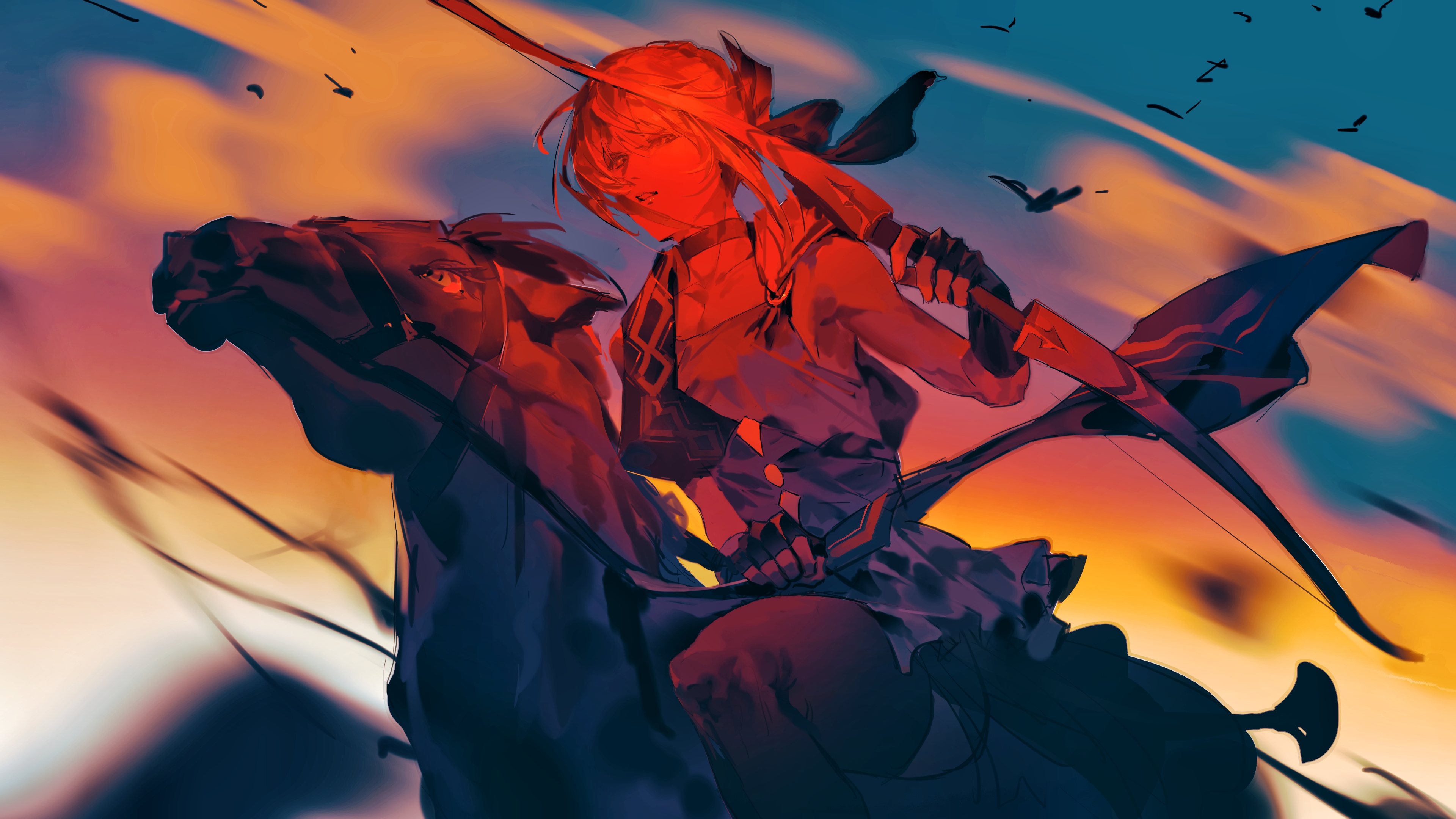 erhuazi917, hippolyta (fate), fate/strange fake, fate (series), absurdres, commentary request, highres, 1girl, bow (weapon), choker, greco-roman clothes, hair ribbon, holding, holding bow (weapon), holding reins, holding weapon, horse, horseback archery, horseback riding, looking at viewer, multicolored sky, open mouth, outdoors, reins, ribbon, riding, sky, solo, updo, weapon