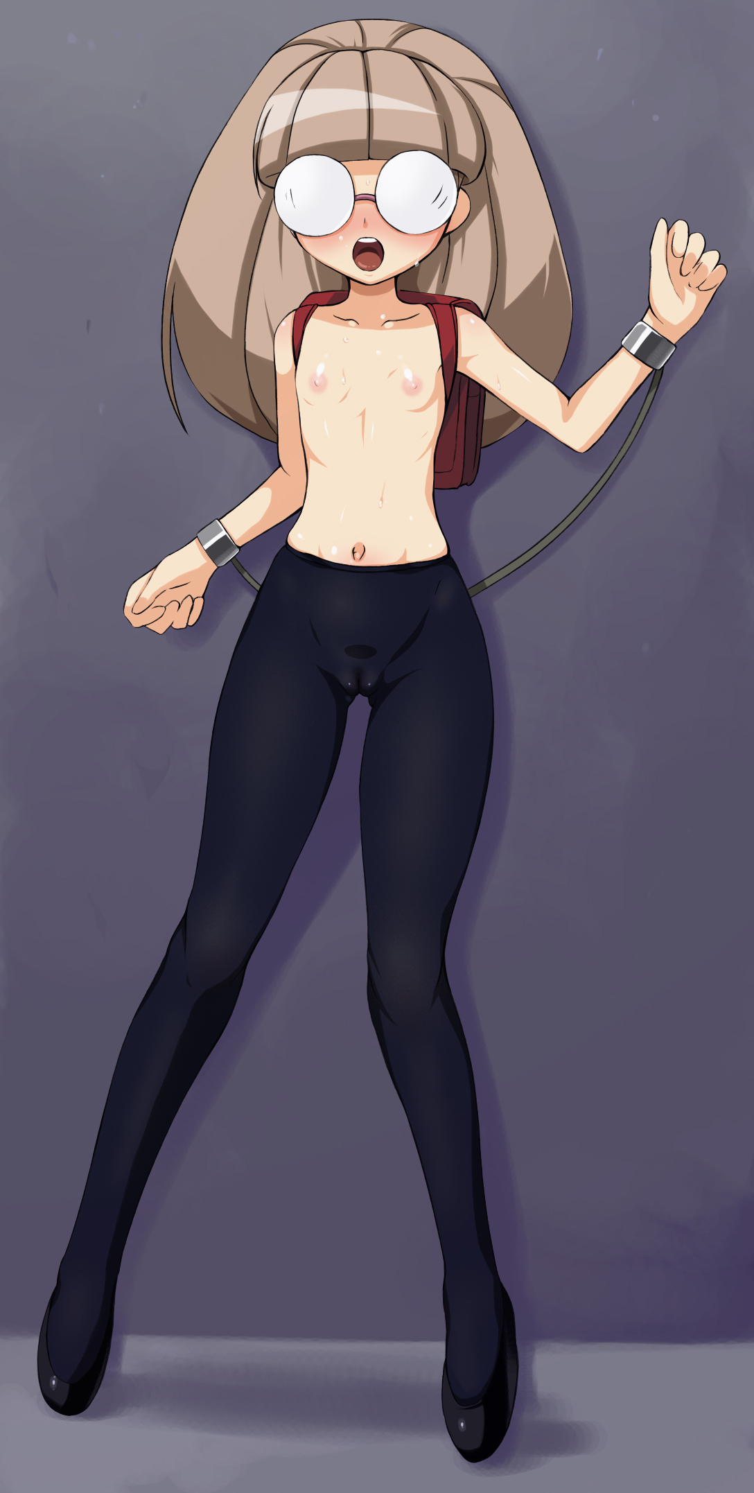 zundarepon, meganeko (battle spirits), otonashi fumiko, battle spirits, battle spirits: shounen toppa bashin, highres, non-web source, 00s, 1girl, :o, against wall, backpack, bag, bdsm, black pantyhose, black shoes, blunt bangs, blush, bondage, bound, bound wrists, brown hair, cameltoe, clenched hands, coke-bottle glasses, collarbone, cuffs, embarrassed, facing viewer, female focus, female pubic hair, flat chest, full body, glasses, grey hair, hand up, legs apart, loli, long hair, looking at viewer, navel, nerd girl, nipples, no panties, nose blush, opaque glasses, open mouth, outstretched arms, pantyhose, pubic hair, puffy nipples, purple-framed eyewear, randoseru, rimless eyewear, round eyewear, see-through clothes, shadow, shiny skin, shoes, skindentation, small areolae, small nipples, solo, spread arms, standing, surprised, sweat, teeth, topless female, upper teeth only