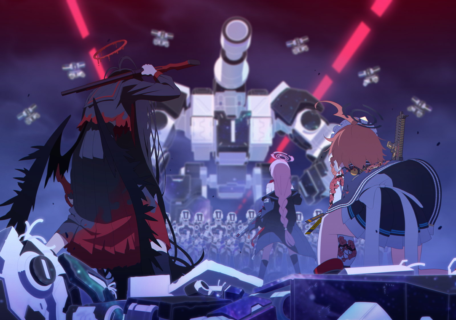 eimi (blue archive), neru (blue archive), tsurugi (blue archive), blue archive, artist request, game cg, highres, non-web source, official art, 3girls, black hair, black halo, black jacket, black sailor collar, black shirt, black skirt, black socks, black wings, braid, dual wielding, floral print, from behind, gun, halo, holding, holding gun, holding weapon, jacket, kneehighs, lever action, long braid, long hair, long skirt, long sleeves, low wings, multiple girls, pink hair, pink halo, pleated skirt, pump action, red halo, sailor collar, shirt, short hair, shotgun, single braid, skirt, socks, submachine gun, weapon, white sleeves, wings