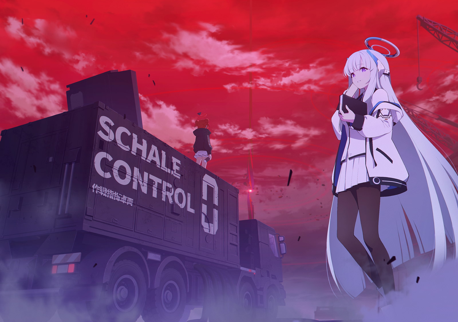 maki (blue archive), noa (blue archive), blue archive, artist request, game cg, highres, non-web source, official art, 2girls, black jacket, black pantyhose, blunt ends, blush, book, boots, double bun, hair bun, halo, holding, holding book, jacket, long hair, motor vehicle, multiple girls, pantyhose, parted lips, pleated skirt, purple eyes, red hair, red sky, skirt, sky, smile, truck, very long hair, white boots, white halo, white jacket, white skirt