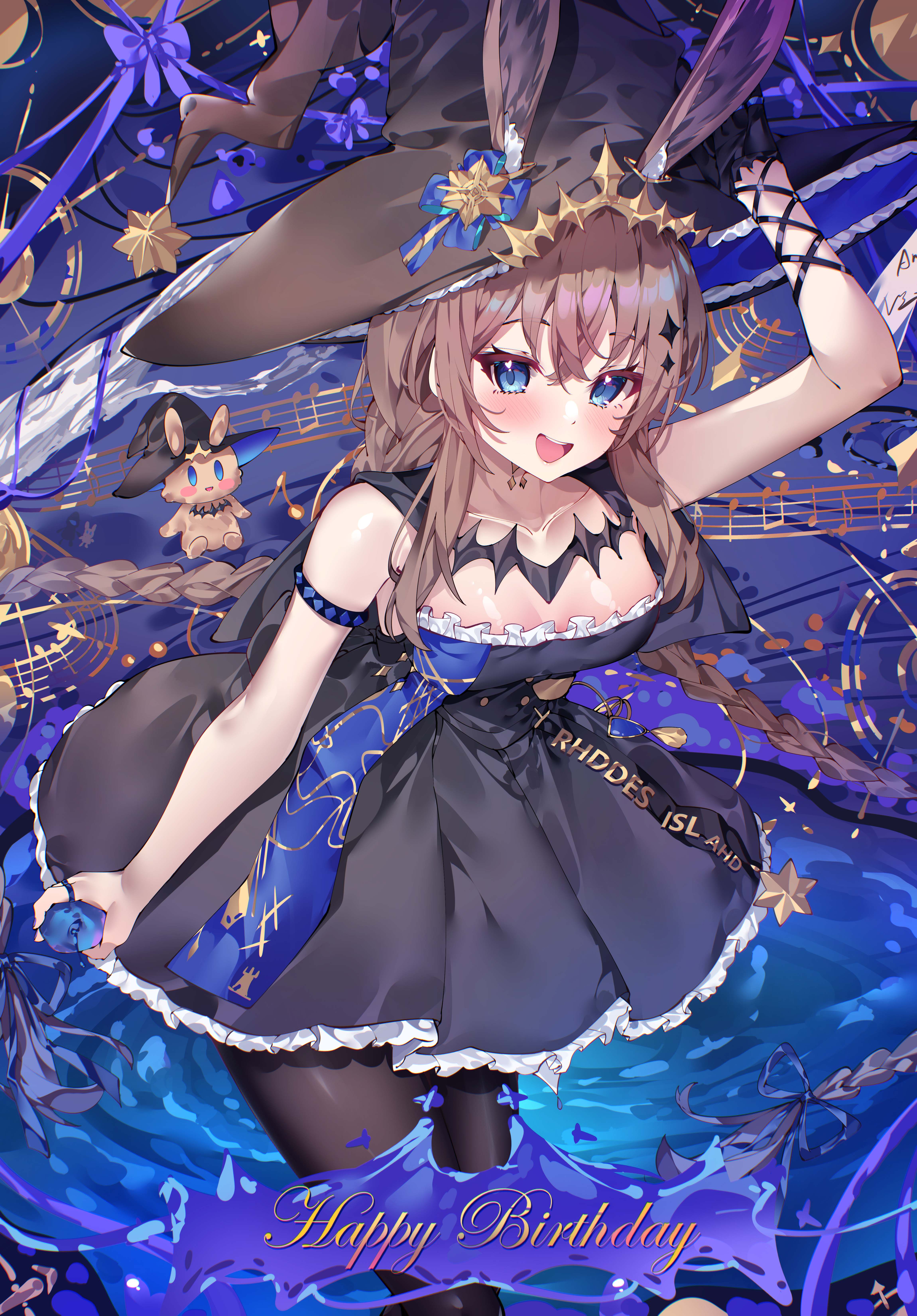 hua-huahua, amiya (arknights), arknights, absurdres, commentary, highres, 1girl, :d, animal ear fluff, animal ears, black dress, black hat, black pantyhose, blue eyes, breasts, brown hair, dress, happy birthday, hat, looking at viewer, musical note, open mouth, pantyhose, rabbit ears, rabbit girl, smile, solo, strapless, strapless dress, teeth, upper teeth only, witch hat