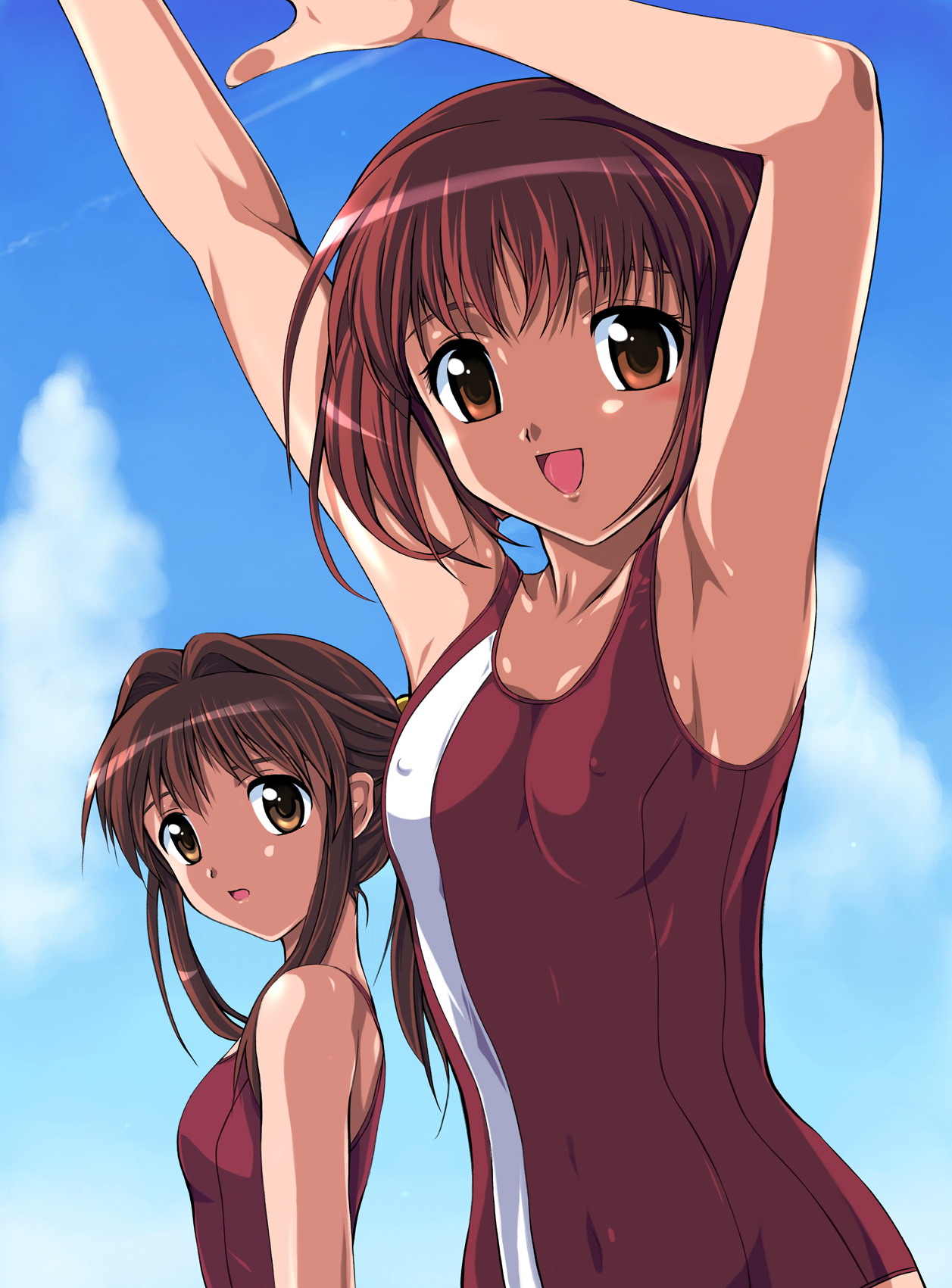 zundarepon, harada riku, harada risa, dnangel, highres, 2girls, armpits, arms up, brown eyes, brown hair, covered erect nipples, flat chest, happy, looking back, multiple girls, one-piece swimsuit, open mouth, orange eyes, ponytail, red hair, short hair, siblings, single vertical stripe, sisters, small breasts, swimsuit, twins