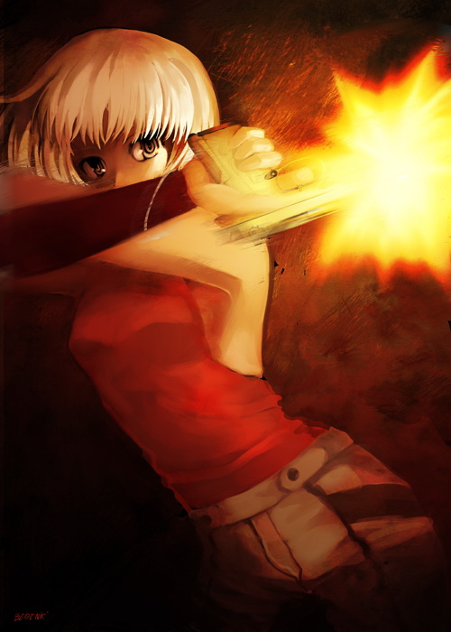 bloodink, canaan (character), 428, 428: fuusa sareta shibuya de, canaan (series), chunsoft, 1girl, female focus, gun, handgun, red theme, short hair, sleeveless, solo, staring, weapon