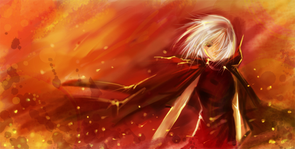 riku (lingsky), canaan (character), 428, 428: fuusa sareta shibuya de, canaan (series), chunsoft, bad id, bad pixiv id, coat, fire, hair over one eye, jacket, jacket on shoulders, orange theme, red eyes, red theme, short hair, sleeveless, white hair