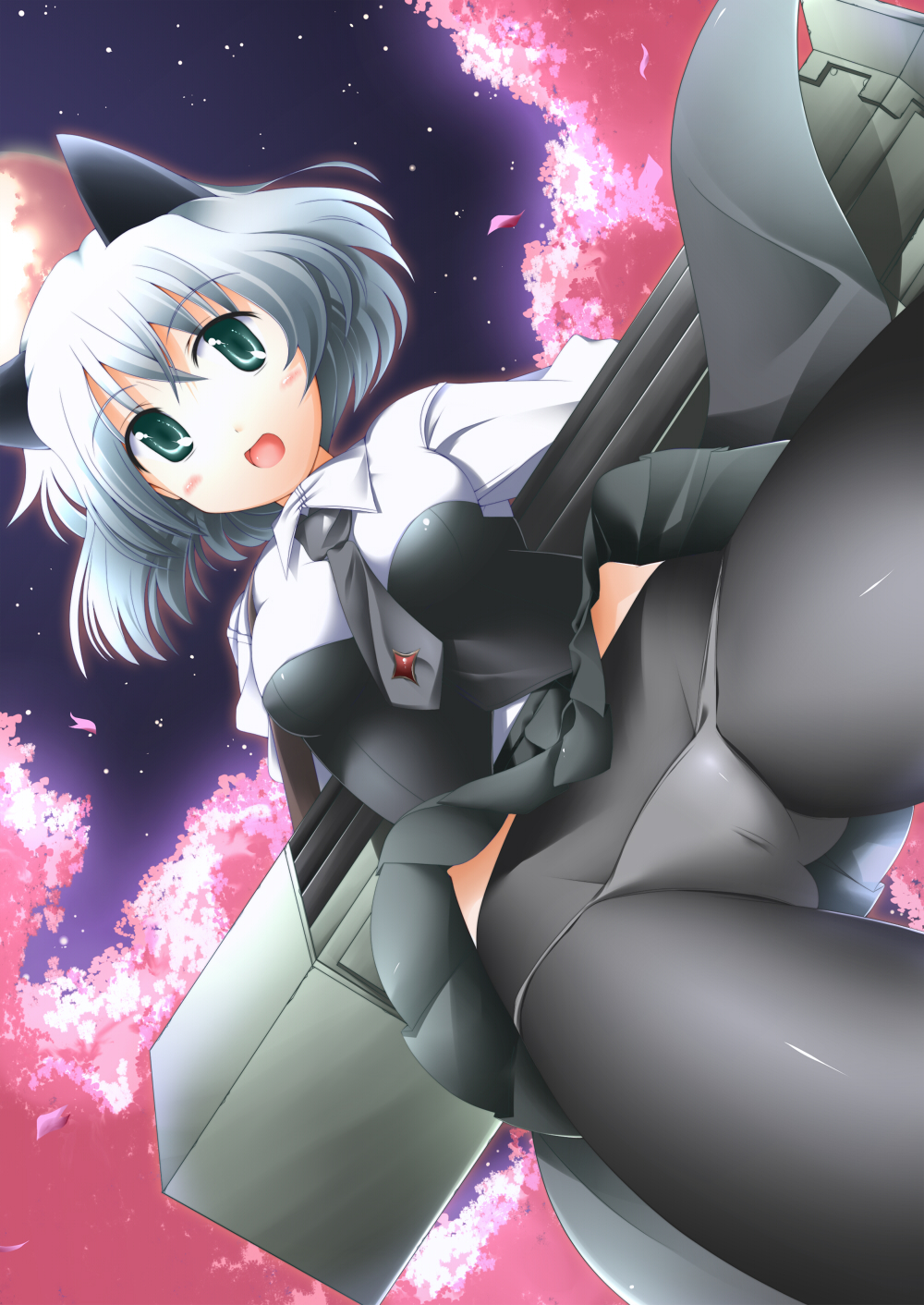 furoaki, sanya v. litvyak, strike witches, world witches series, silver hair, uniform, highres, 1girl, animal ears, black pantyhose, cat ears, cat girl, cherry blossoms, female focus, from below, full moon, green eyes, moon, nature, necktie, night, outdoors, panties, panties under pantyhose, pantyhose, red moon, rocket launcher, short hair, skirt, sky, solo, star (symbol), underwear, upskirt, weapon
