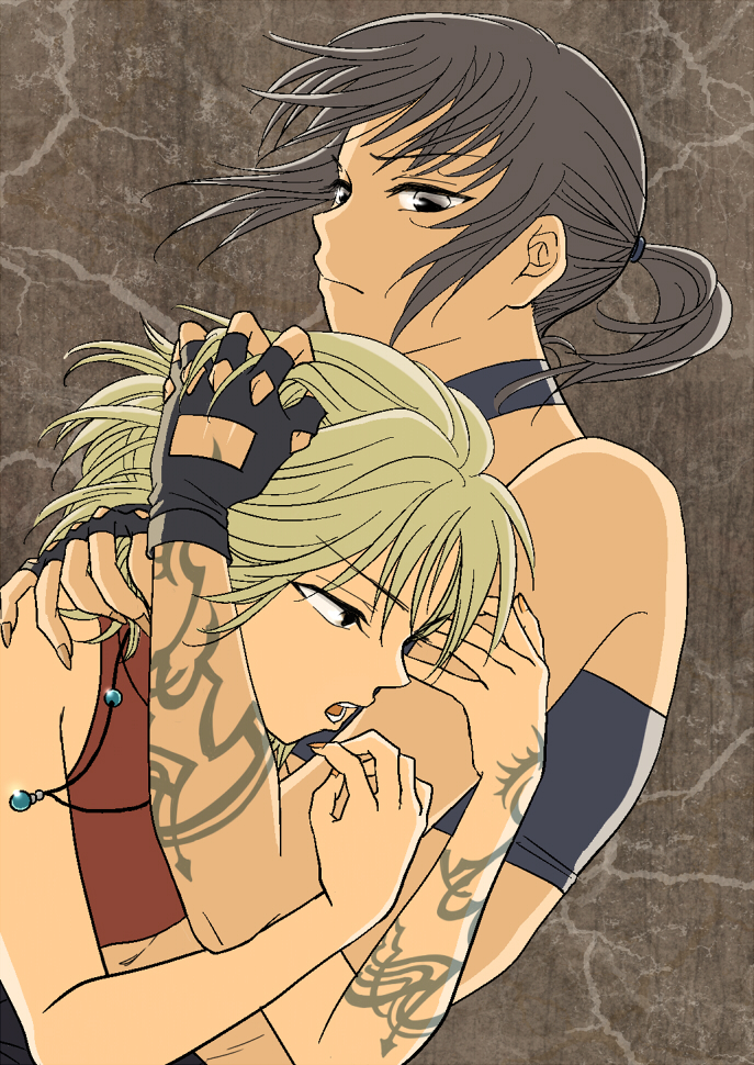 kurioneko, alphard (canaan), canaan (character), 428, 428: fuusa sareta shibuya de, canaan (series), chunsoft, bad id, bad pixiv id, 2girls, bare shoulders, black hair, blonde hair, choker, fingerless gloves, gloves, grey eyes, holding, jewelry, multiple girls, necklace, ponytail, short hair, sleeveless, tattoo, wind