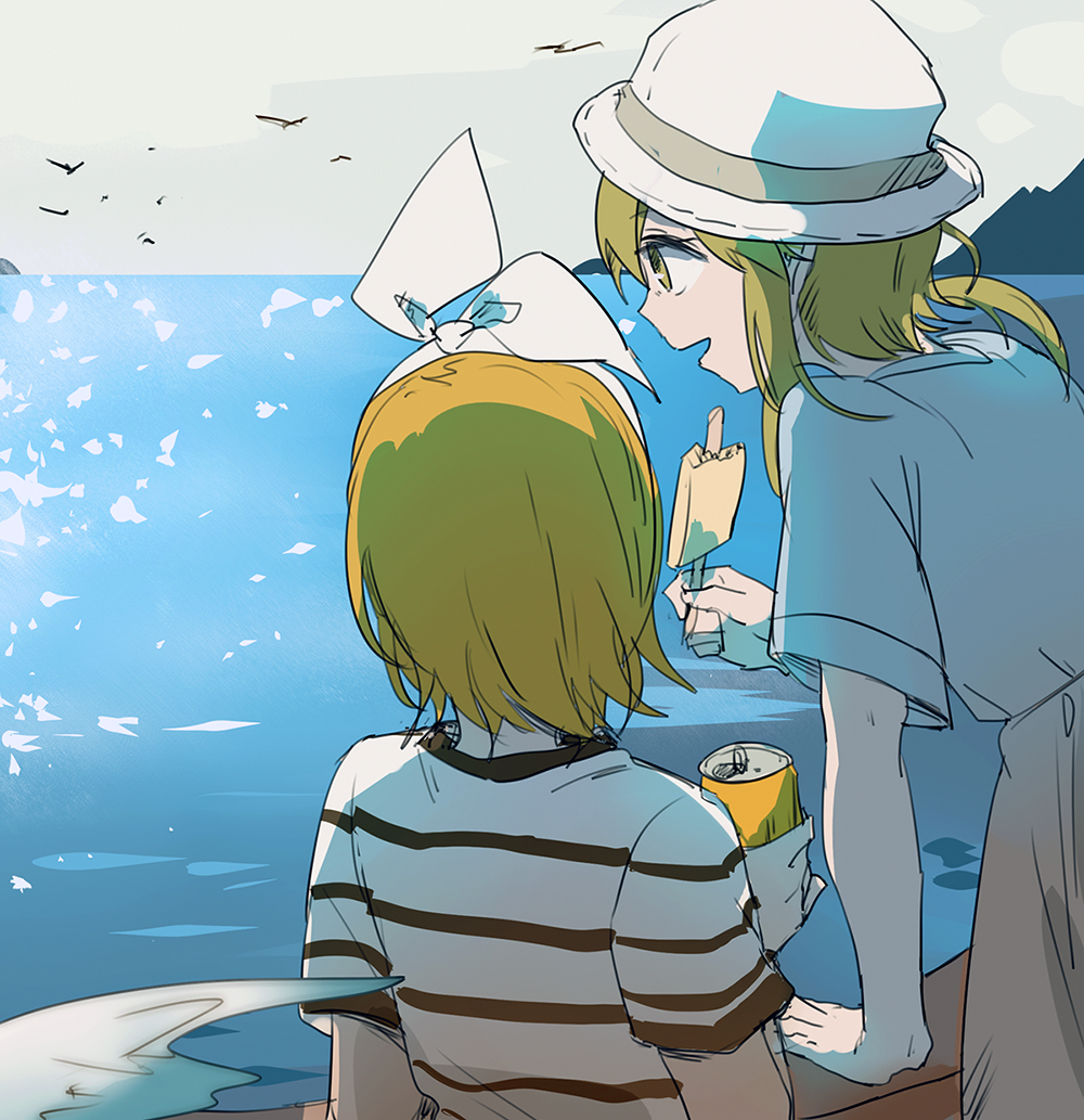 wounds404, gumi, kagamine rin, vocaloid, commentary request, 2girls, bird, blonde hair, bow, can, drink can, food, green eyes, green hair, hair bow, hairband, hat, holding, holding can, holding food, holding popsicle, medium hair, multiple girls, ocean, popsicle, seagull, shirt, short hair, short sleeves, sidelocks, striped clothes, striped shirt, white bow, white hairband, white hat, white shirt