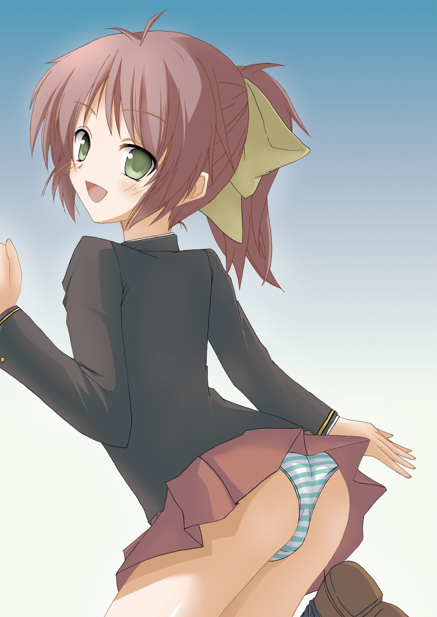 kamijou sadame, shimada minami, baka to test to shoukanjuu, highres, md5 mismatch, resolution mismatch, source larger, 1girl, ass, blush, brown hair, female focus, green eyes, looking back, panties, pantyshot, ponytail, ribbon, school uniform, solo, striped clothes, striped panties, underwear