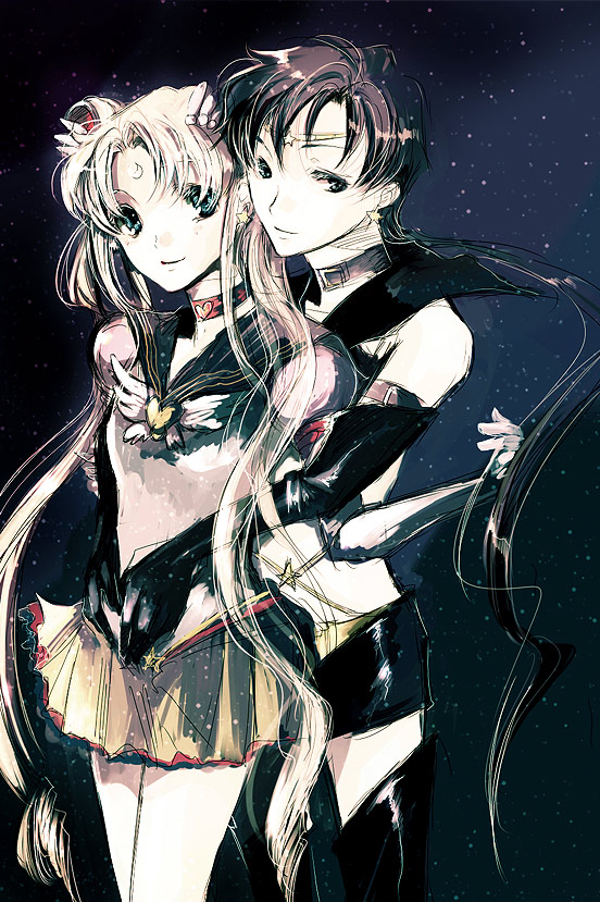 dolcexxx, eternal sailor moon, kou seiya, sailor moon, sailor star fighter, seiya kou, tsukino usagi, bishoujo senshi sailor moon, bishoujo senshi sailor moon sailor stars, bishoujo senshi sailor moon stars, bad id, bad pixiv id, 1990s (style), 2girls, 3girls, aqua eyes, bare shoulders, black hair, blonde hair, brooch, choker, crescent, crescent facial mark, earrings, elbow gloves, facial mark, forehead mark, gloves, hair ornament, heart, heart brooch, hug, jewelry, magical girl, multiple girls, ponytail, retro artstyle, sketch, skirt, smile, standing, thighhighs, twintails, wing brooch