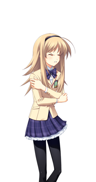 matsuo yukihiro, nishijou nanami, chaos;head, science adventure, game cg, non-web source, official art, 1girl, ahoge, arms around self, black hairband, black pantyhose, blazer, blonde hair, bow, bowtie, breasts, brown jacket, clenched teeth, dress shirt, from side, frustrated, hairband, jacket, lapels, miniskirt, notched lapels, pantyhose, petticoat, plaid bow, plaid bowtie, plaid clothes, plaid skirt, profile, purple bow, purple bowtie, purple skirt, red trim, school uniform, shirt, skirt, small breasts, solo, sprite, suimei academy school uniform, swept bangs, teeth, transparent background, v-shaped eyebrows, white shirt, winter uniform