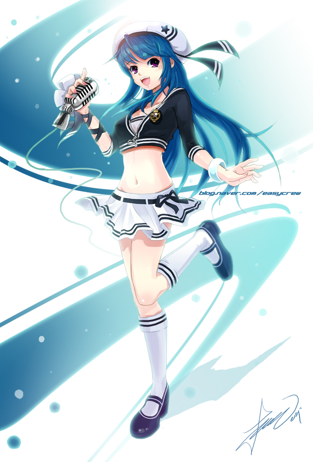 easycrew, lee byung hee, arin (pangya), pangya, 1girl, beret, blue hair, crop top, female focus, hat, legs, microphone, midriff, skirt, solo, vintage microphone