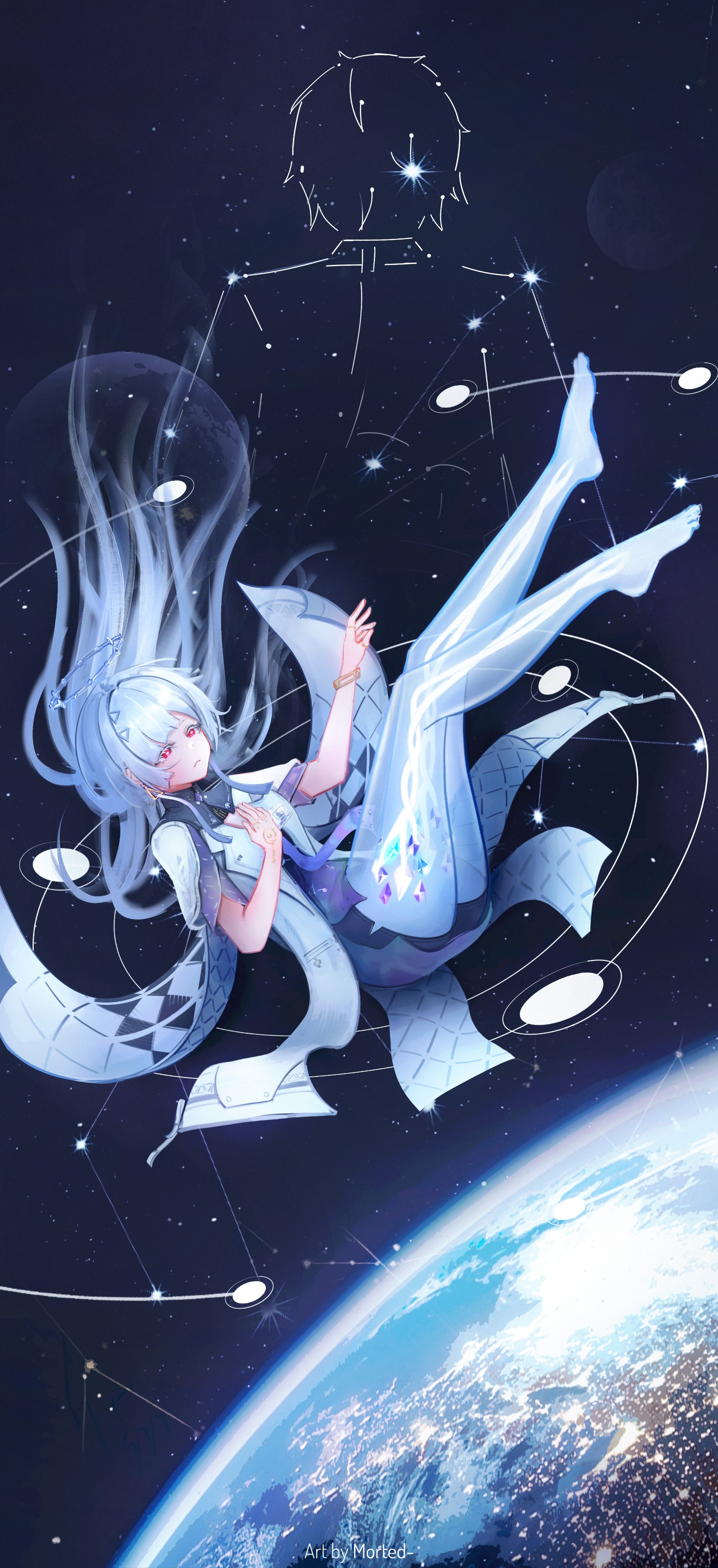 male rover (wuthering waves), mornye (wuthering waves), rover (wuthering waves), wuthering waves, absurdres, commentary, english commentary, highres, 1girl, breasts, colored eyelashes, constellation, dress, earrings, grey hair, hair ornament, halo, id card, jacket, jewelry, long hair, morted art, outdoors, outstretched arm, parted lips, planet, purple dress, red eyes, see-through body, sky, small breasts, solo, star (sky), starry sky, triangle earrings, white jacket