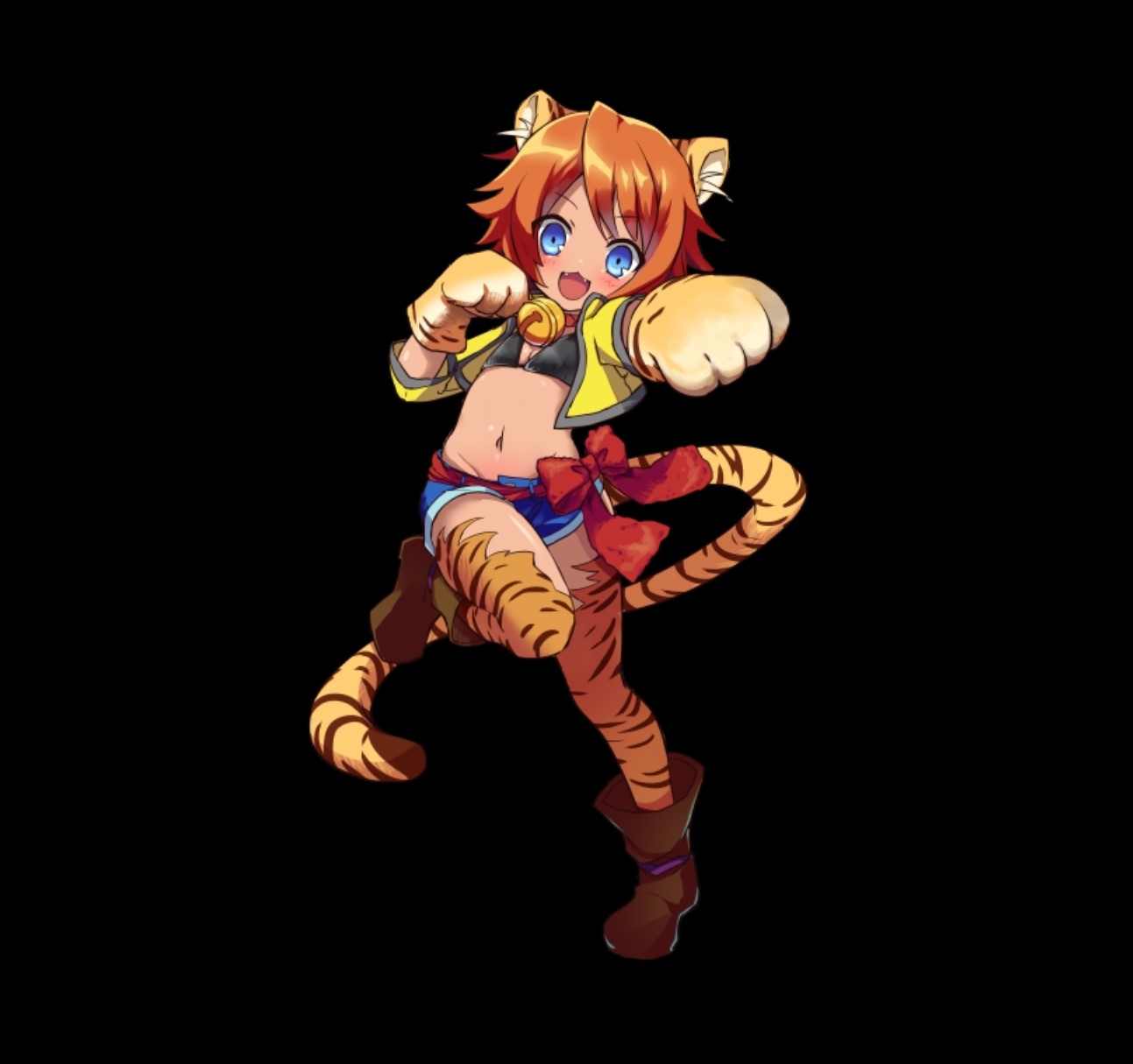 merc storia art team, tora (merc storia), merc storia, highres, official art, 1girl, :3, animal ears, animal hands, bell, bikini, bikini top only, black background, black bikini, blue eyes, blue shorts, blush, bob cut, boots, bow, breasts, brown boots, cleavage, cropped jacket, full body, gloves, hand up, jacket, looking at viewer, navel, neck bell, open clothes, open jacket, open mouth, orange hair, outstretched arm, reaching, reaching towards viewer, red bow, short hair, short shorts, short sleeves, shorts, simple background, small breasts, smile, solo, standing, standing on one leg, striped tail, swimsuit, tachi-e, tail, thighhighs, tiger ears, tiger girl, tiger stripes, tiger tail, v-shaped eyebrows