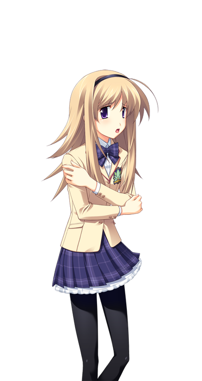matsuo yukihiro, nishijou nanami, chaos;head, science adventure, game cg, non-web source, official art, 1girl, ahoge, arms around self, black hairband, black pantyhose, blazer, blonde hair, bow, bowtie, breasts, brown jacket, dress shirt, from side, hairband, jacket, lapels, looking at viewer, miniskirt, notched lapels, open mouth, pantyhose, petticoat, plaid bow, plaid bowtie, plaid clothes, plaid skirt, profile, purple bow, purple bowtie, purple skirt, red trim, school uniform, shirt, skirt, small breasts, solo, sprite, suimei academy school uniform, swept bangs, transparent background, white shirt, winter uniform, worried