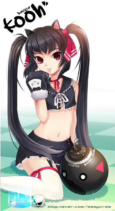 easycrew, lee byung hee, kooh (pangya), pangya, 1girl, animal ears, black hair, bomb, explosive, female focus, flat chest, front-tie top, gloves, hair ribbon, midriff, ribbon, skirt, solo, thighhighs, twintails