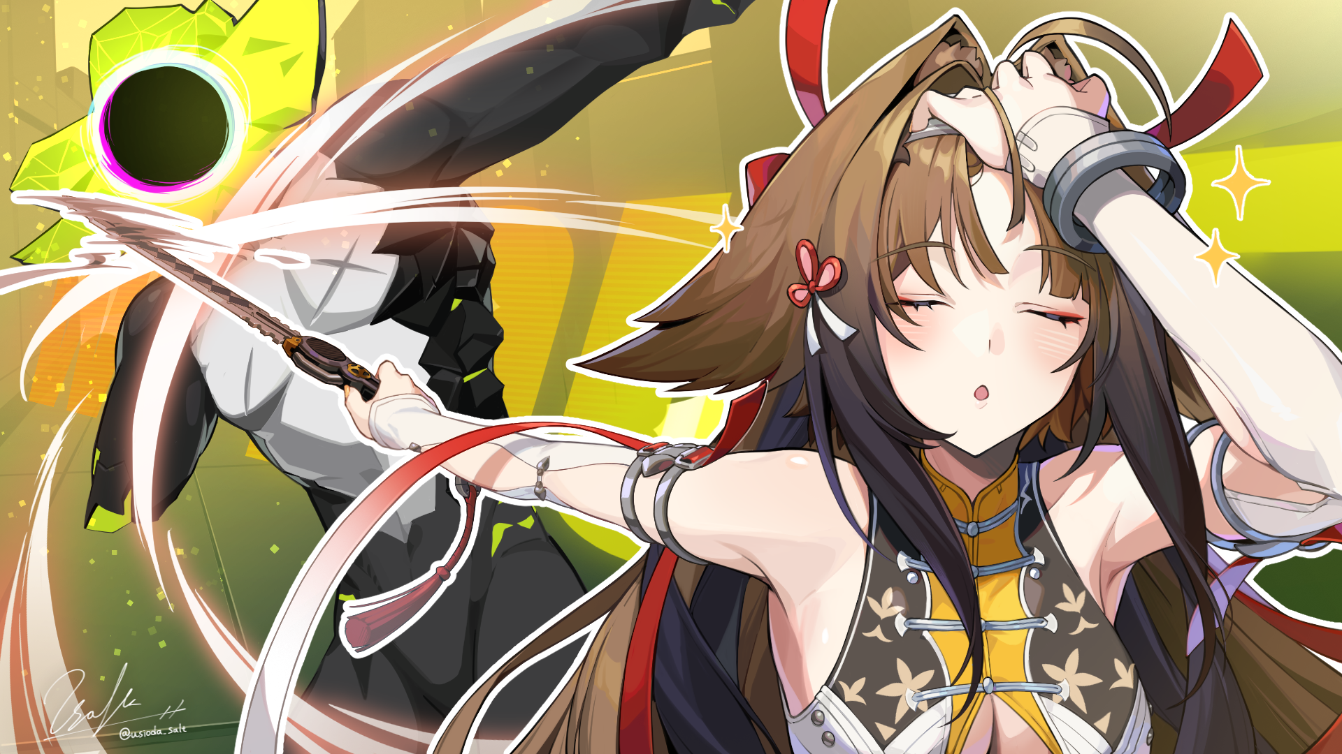 aburi iwashi, ethereal (zenless zone zero), ye shunguang, zenless zone zero, commentary request, highres, 1girl, adjusting hair, animal ear fluff, animal ears, armlet, armpits, bare shoulders, bracelet, breasts, brown hair, china dress, chinese clothes, cleavage, closed eyes, clover, clover hair ornament, dress, droopy ears, hair ornament, hair slicked back, hairband, hand in own hair, hand on own head, hitting, holding, holding sword, holding weapon, jewelry, long hair, medium breasts, meme, metal bracelet, naoya hitting choso without looking (meme), open mouth, outline, scene reference, silver armlet, silver bracelet, sparkle, sword, very long hair, weapon, white dress, white hairband, white outline