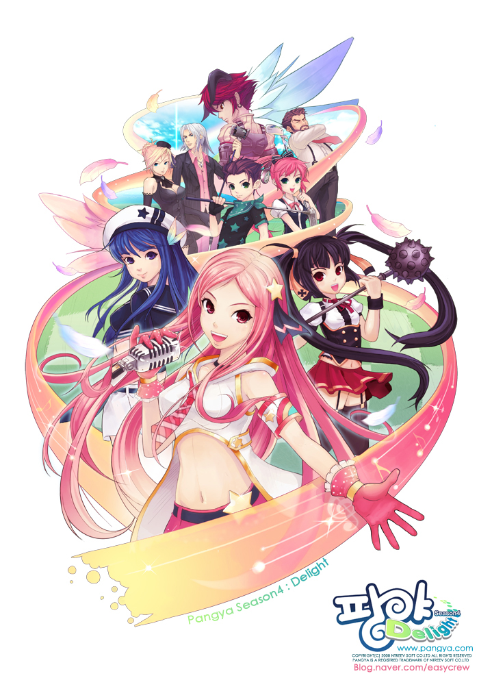 easycrew, hana, lee byung hee, arin (pangya), azer (pangya), cecilia, cecilia (pangya), hana (pangya), kaz (pangya), kooh (pangya), lucia, lucia (pangya), max, max (pangya), nuri (pangya), pangya, 4boys, 5girls, beret, black hair, blue hair, breasts, dress, everyone, gloves, golf club, hat, horns, microphone, midriff, multiple boys, multiple girls, pink hair, red hair, skirt, thighhighs, white hair