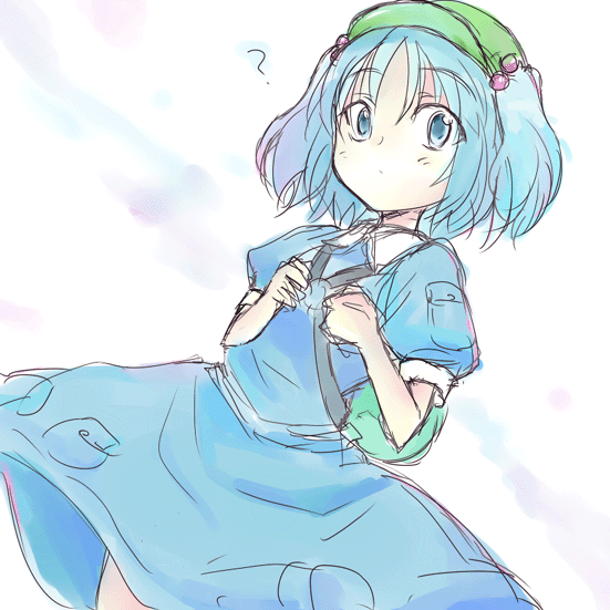 haruno tomoya, kawashiro nitori, touhou, bad id, bad pixiv id, 1girl, ?, backpack, bag, female focus, hair bobbles, hair ornament, randoseru, sketch, solo, twintails, two side up