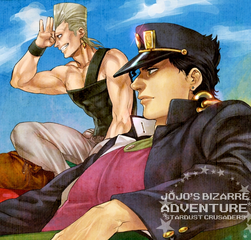 icym, jean pierre polnareff, kuujou joutarou, jojo no kimyou na bouken, stardust crusaders, bad id, bad pixiv id, 2boys, bare shoulders, black hair, blonde hair, blue sky, chain, copyright name, earrings, english text, flattop, gakuran, green hair, grin, hand (symbol), hat, jewelry, male focus, multiple boys, muscular, peaked cap, pink shirt, realistic, school uniform, shirt, sky, sleeveless, smile, wristband