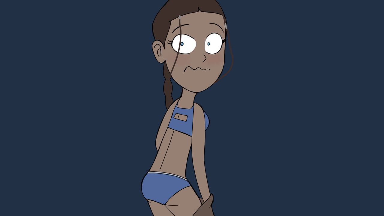 katara, avatar legends, the legend of korra, non-web source, 1girl, beheas12, blue background, blue bra, blue panties, bra, brown hair, embarrassed, from behind, no pants, no shirt, panties, ponytail, sleeveless, underwear, underwear only, white eyes