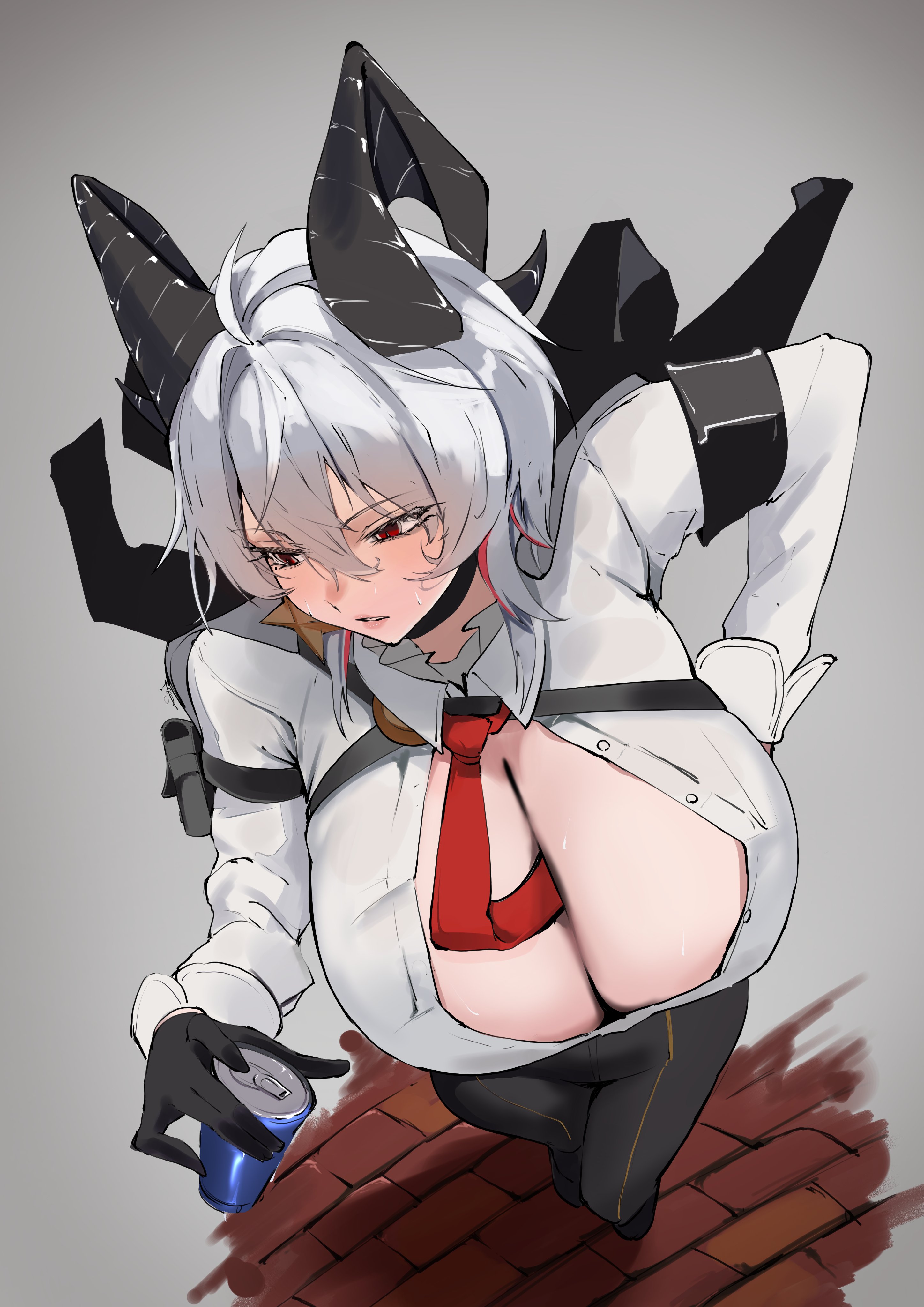 s4ika, zani (wuthering waves), wuthering waves, absurdres, commentary request, highres, revision, 1girl, black horns, blush, breasts, can, chest harness, choker, cleavage, collared shirt, drink can, grey hair, harness, horns, large breasts, long sleeves, necktie, pants, red eyes, shirt, solo, white shirt