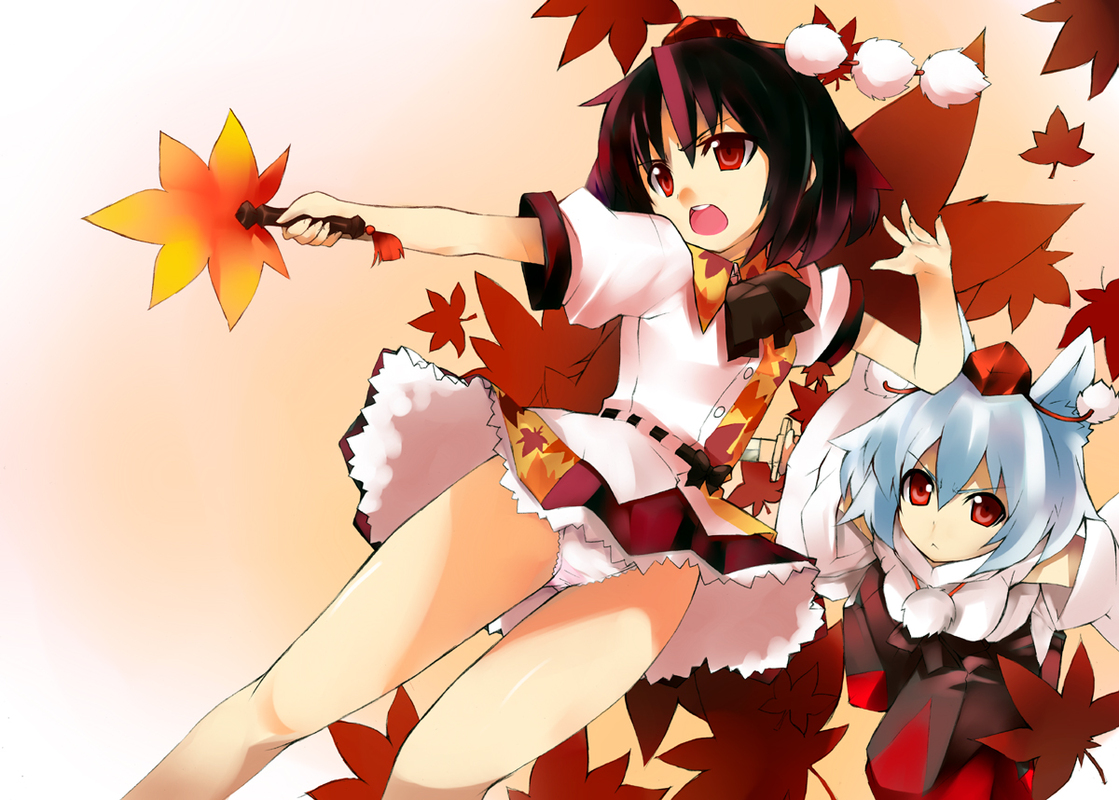 sawamura hikaru, inubashiri momiji, shameimaru aya, touhou, silver hair, 2girls, :<, animal ears, black hair, detached sleeves, female focus, gradient background, hand fan, hat, lace, lace-trimmed panties, lace trim, legs, multiple girls, panties, red eyes, short hair, skirt, thighs, tokin hat, underwear, white panties, wolf ears
