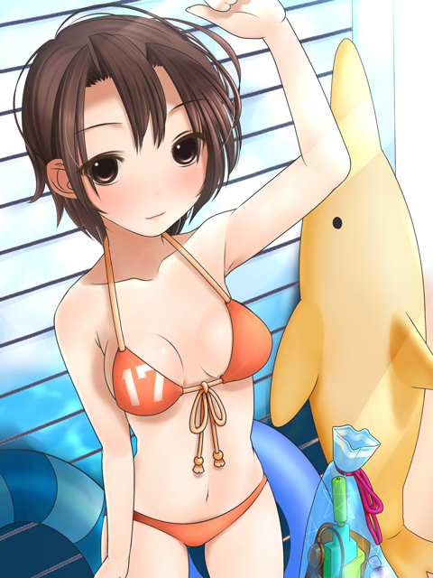 kinugasa yuuichi, original, bad id, bad pixiv id, 1girl, bikini, brown eyes, brown hair, dolphin, female focus, front-tie top, inflatable dolphin, inflatable toy, innertube, orange bikini, short hair, solo, swim ring, swimsuit, water gun