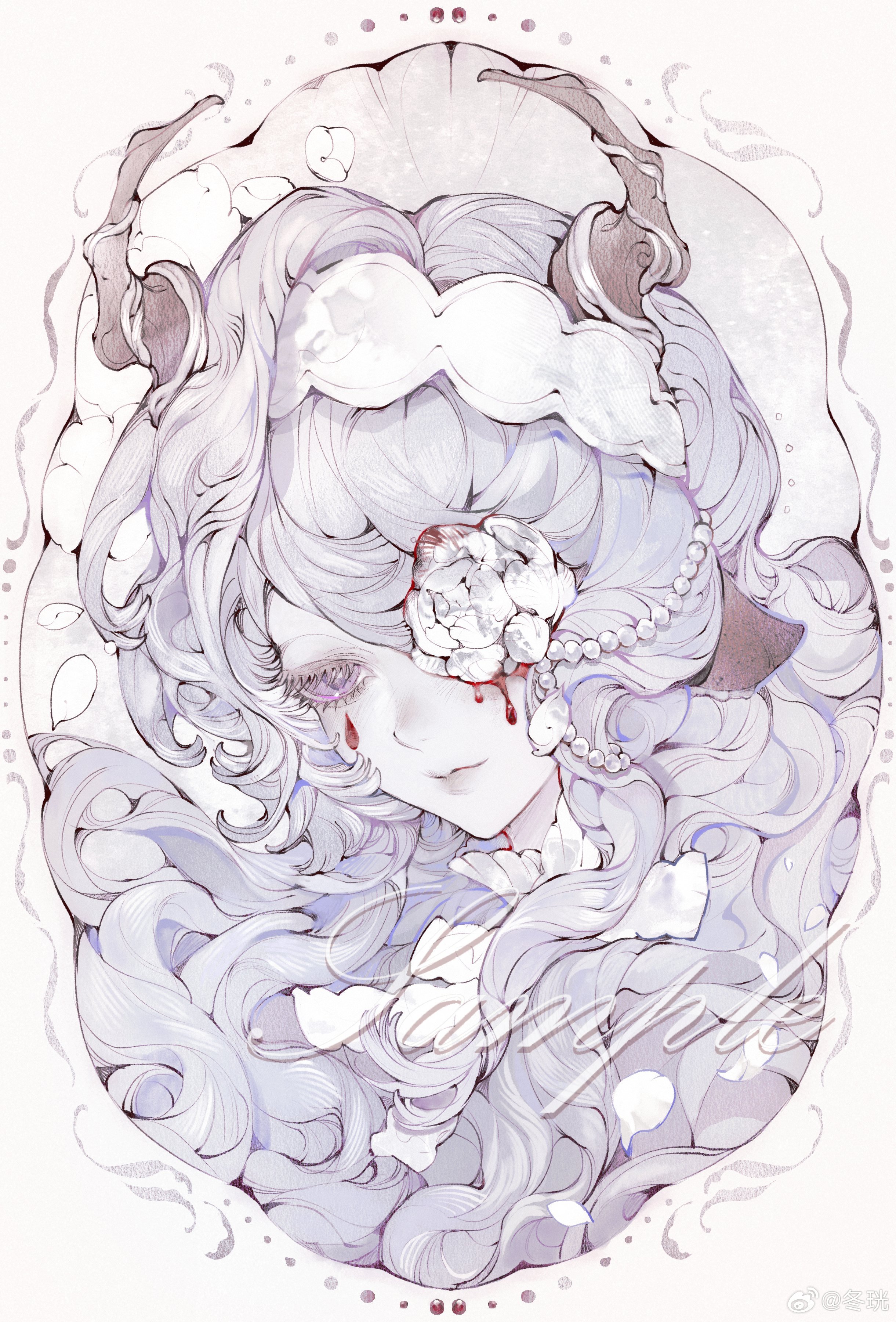 anyloool, original, absurdres, commentary, highres, symbol-only commentary, 1girl, bleeding, blood, curly hair, flower, horns, long hair, petals, purple eyes, purple hair, solo, white flower